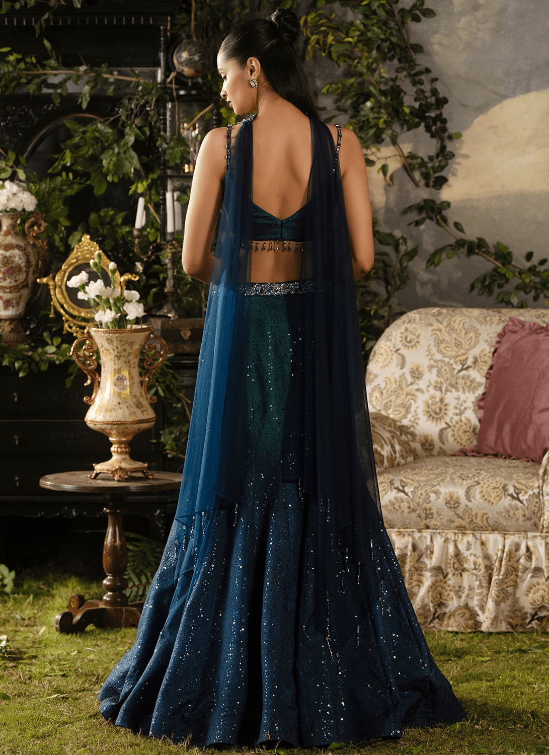 Emerald Teal Embroidered Silk Lehenga - Lashkaraa