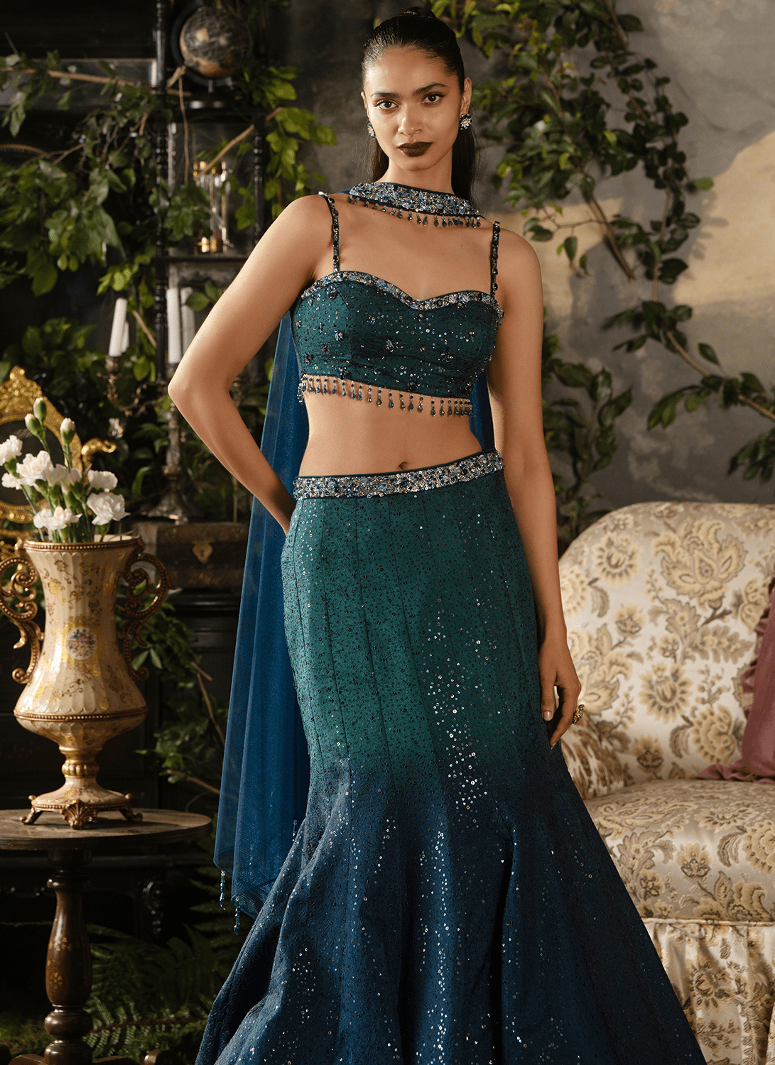 Emerald Teal Embroidered Silk Lehenga - Lashkaraa