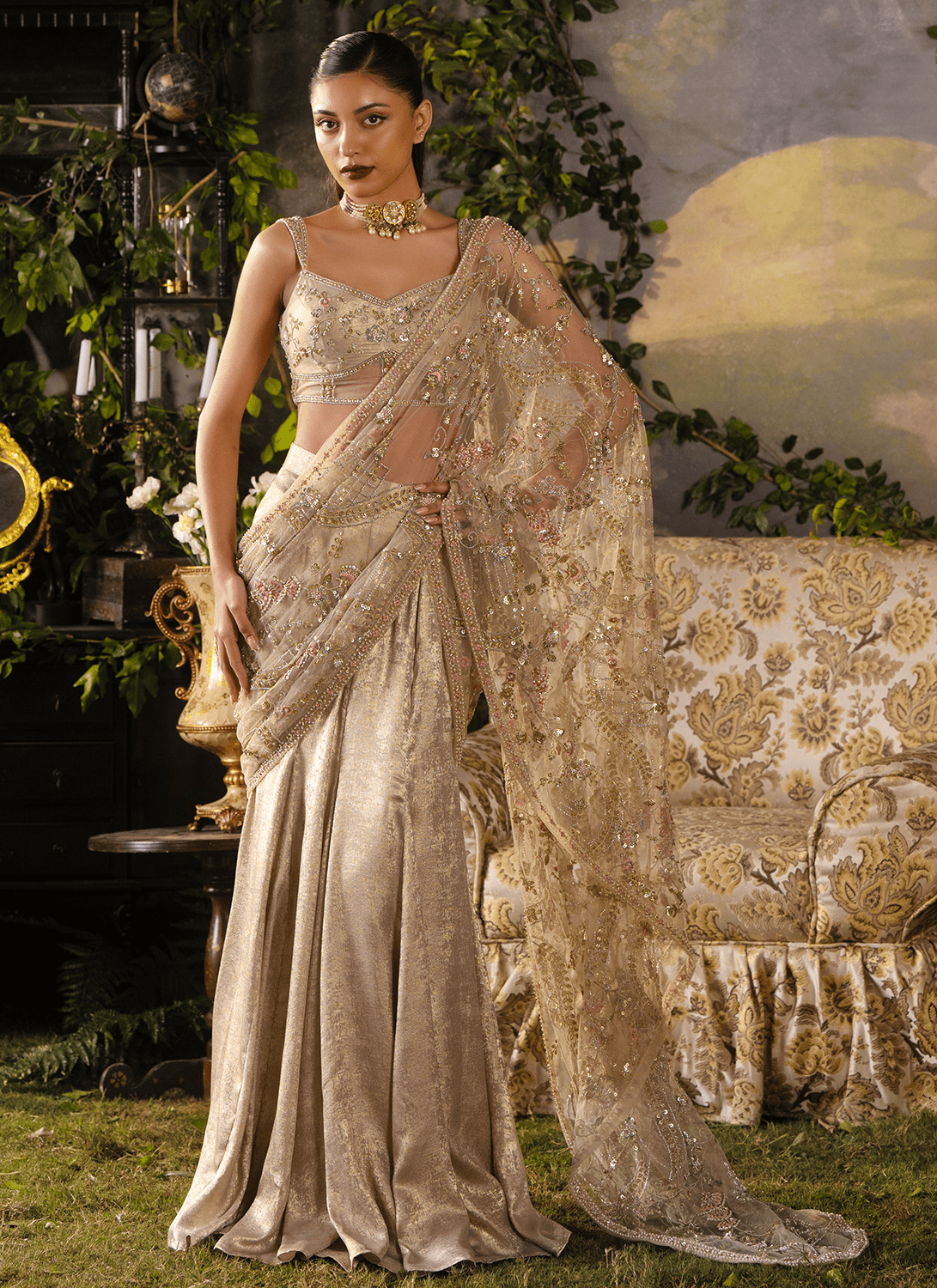 Gold Embroidered Foil Silk Saree - Lashkaraa