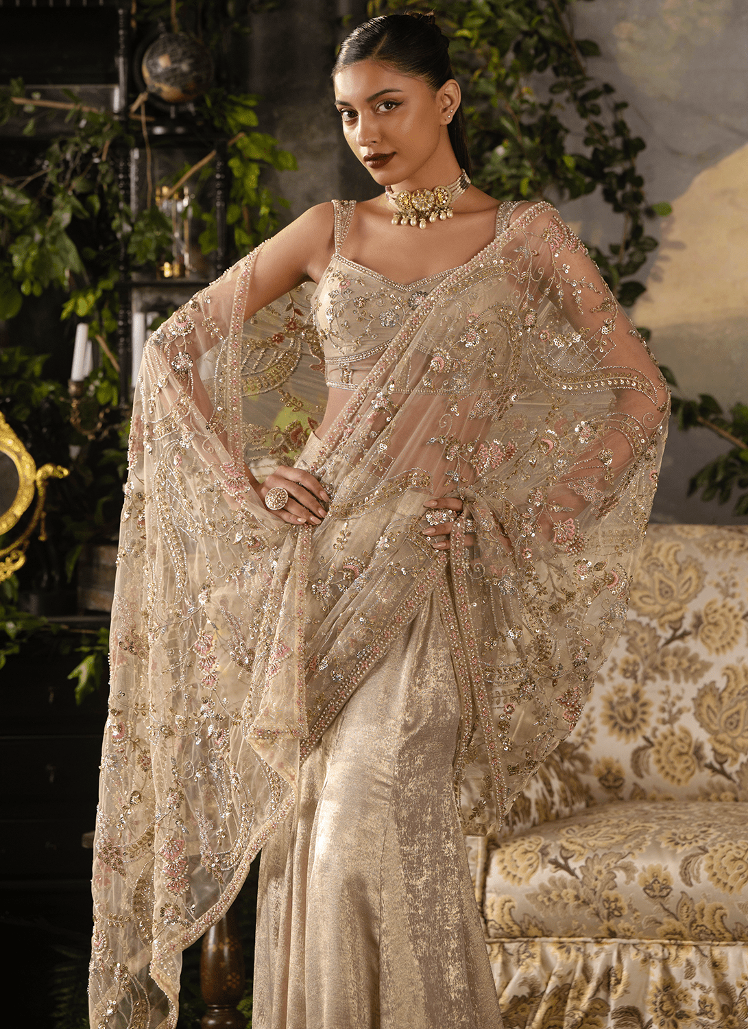 Gold Embroidered Foil Silk Saree - Lashkaraa