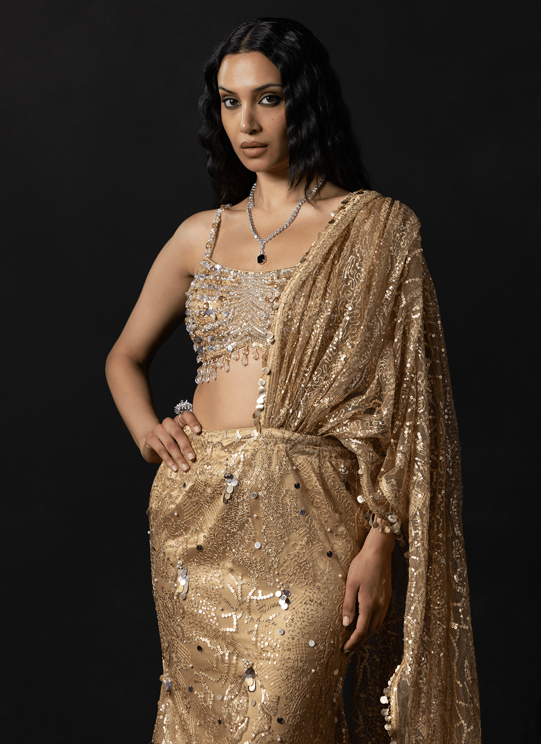 Gold Embroidered Net Saree - Lashkaraa