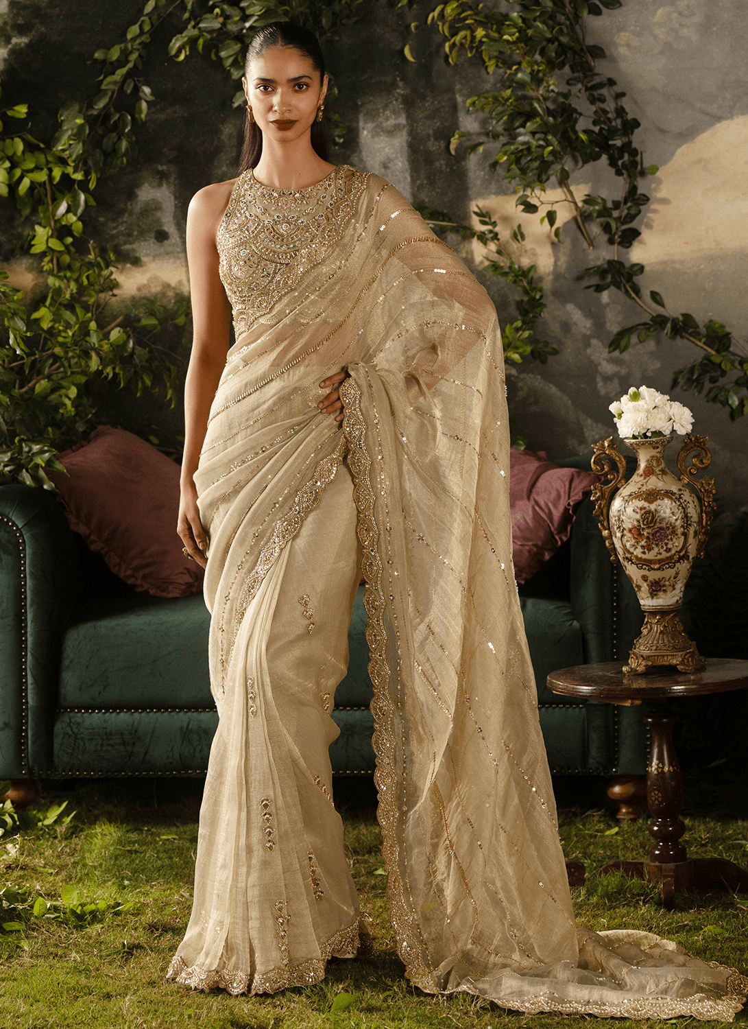 Gold Embroidered Tissue Saree - Lashkaraa