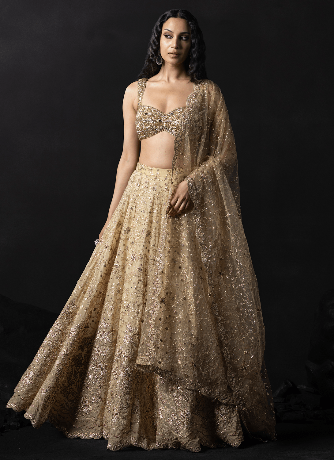 Gold Embroidered Viscose Organza Lehenga - Lashkaraa