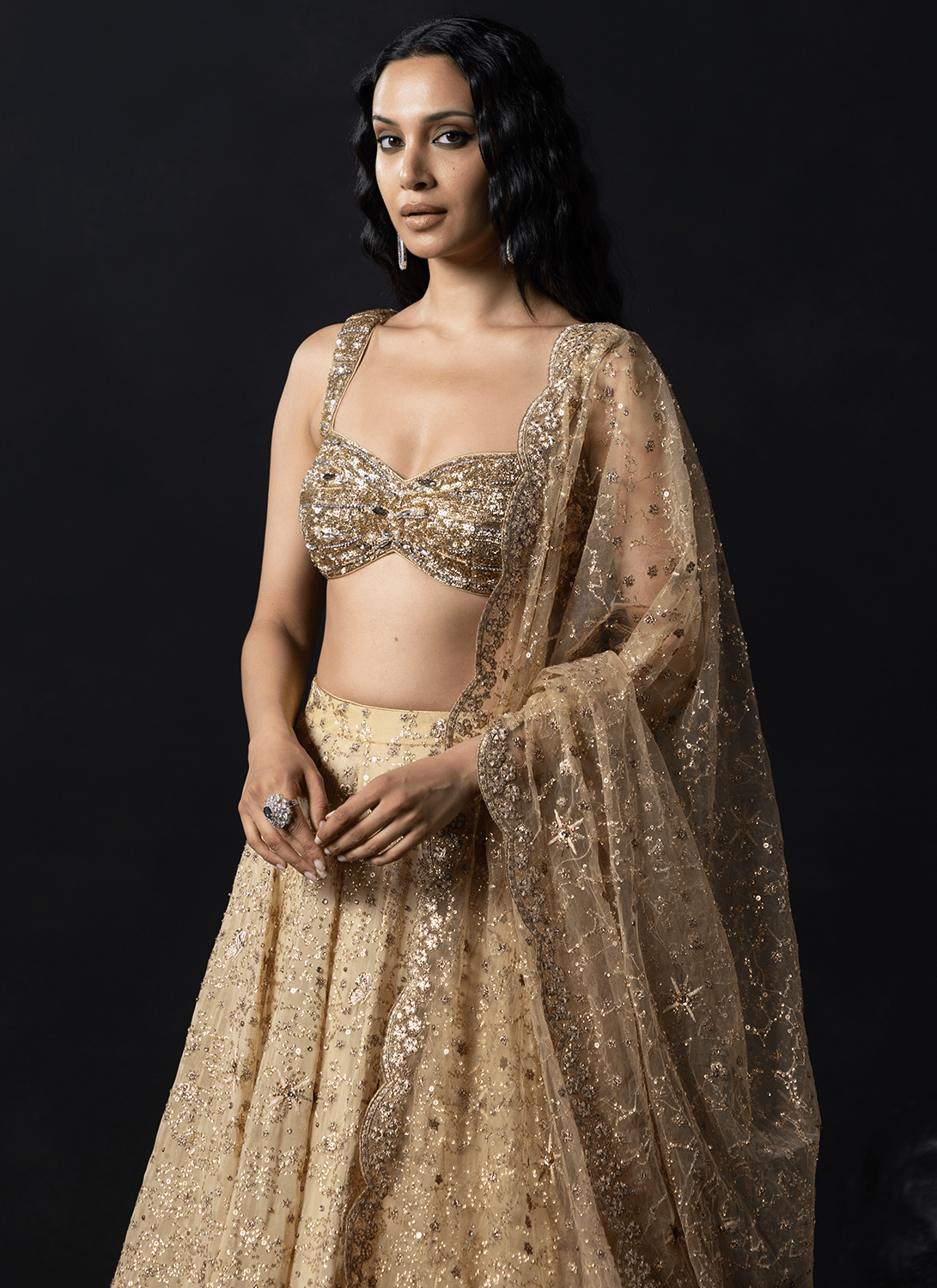 Gold Embroidered Viscose Organza Lehenga - Lashkaraa