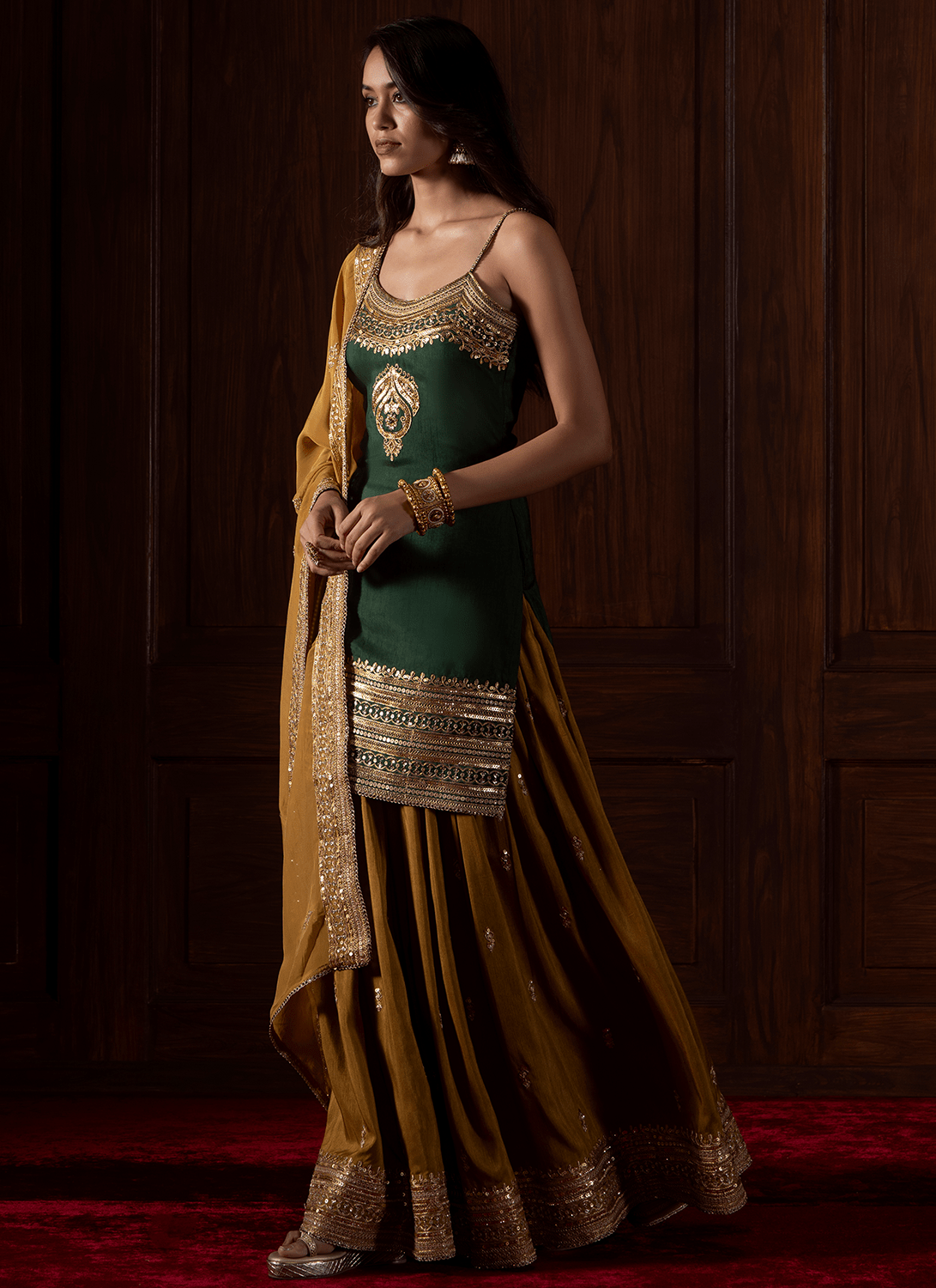 Green and Mustard Embroidered Silk Sharara - Lashkaraa