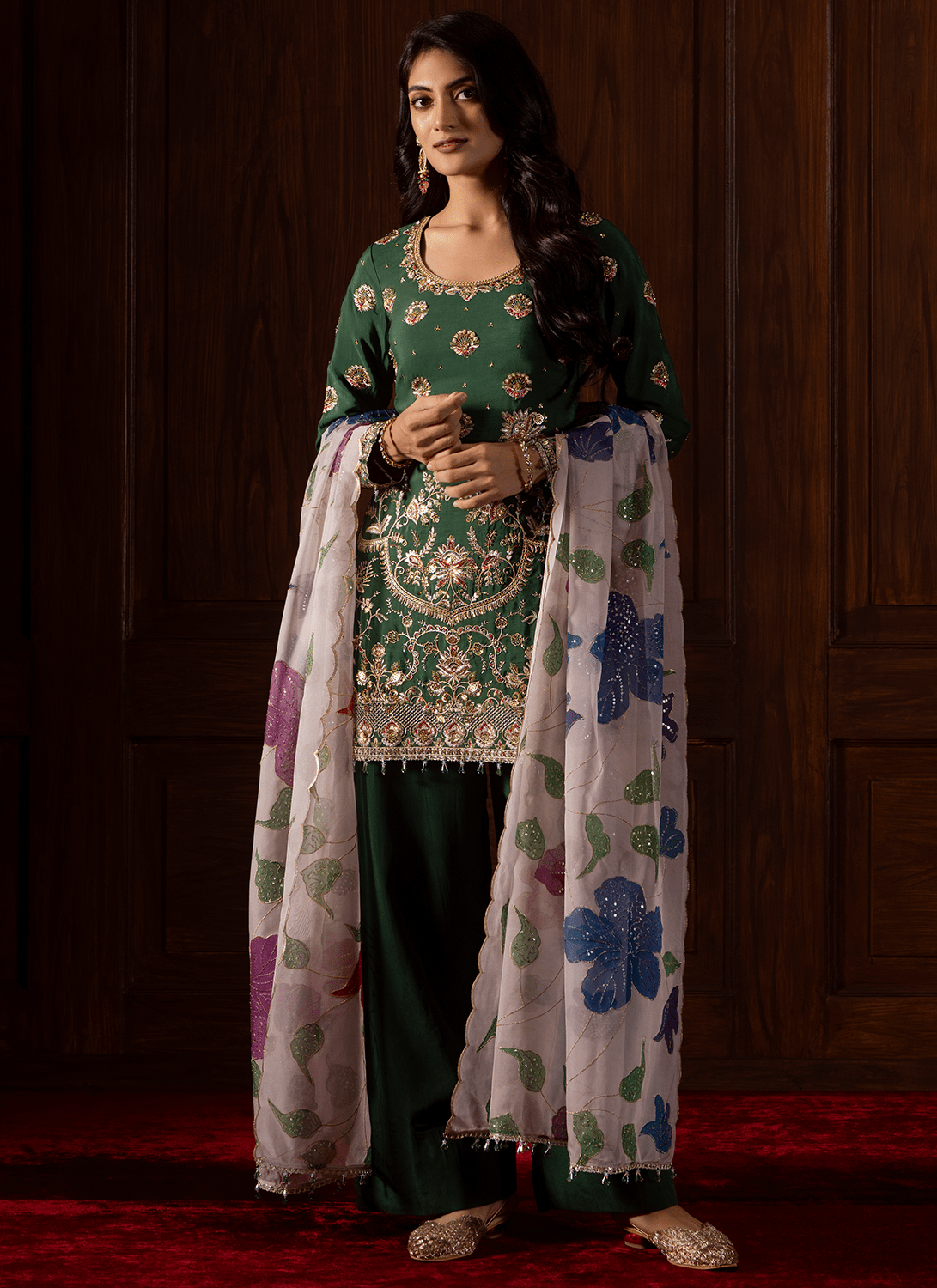 Green Embroidered Crepe Punjabi Suit - Lashkaraa