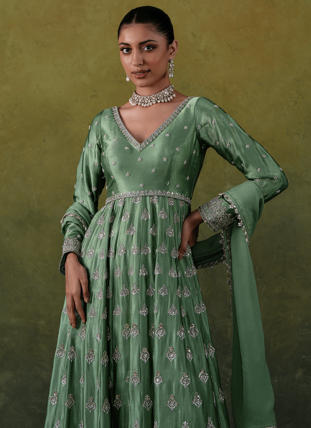 Green Embroidered Silk Anarkali - Lashkaraa