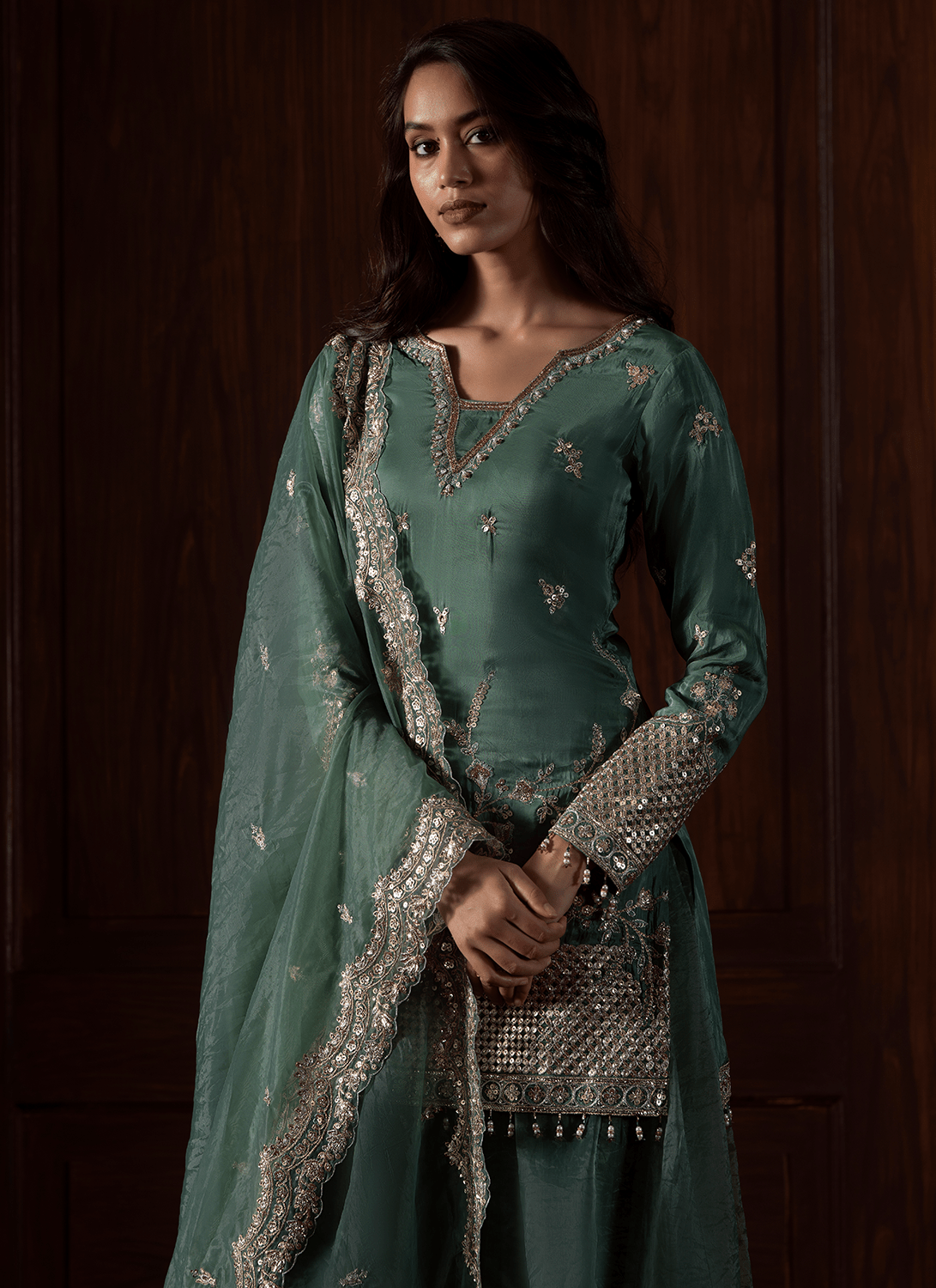 Green Embroidered Silk Sharara - Lashkaraa
