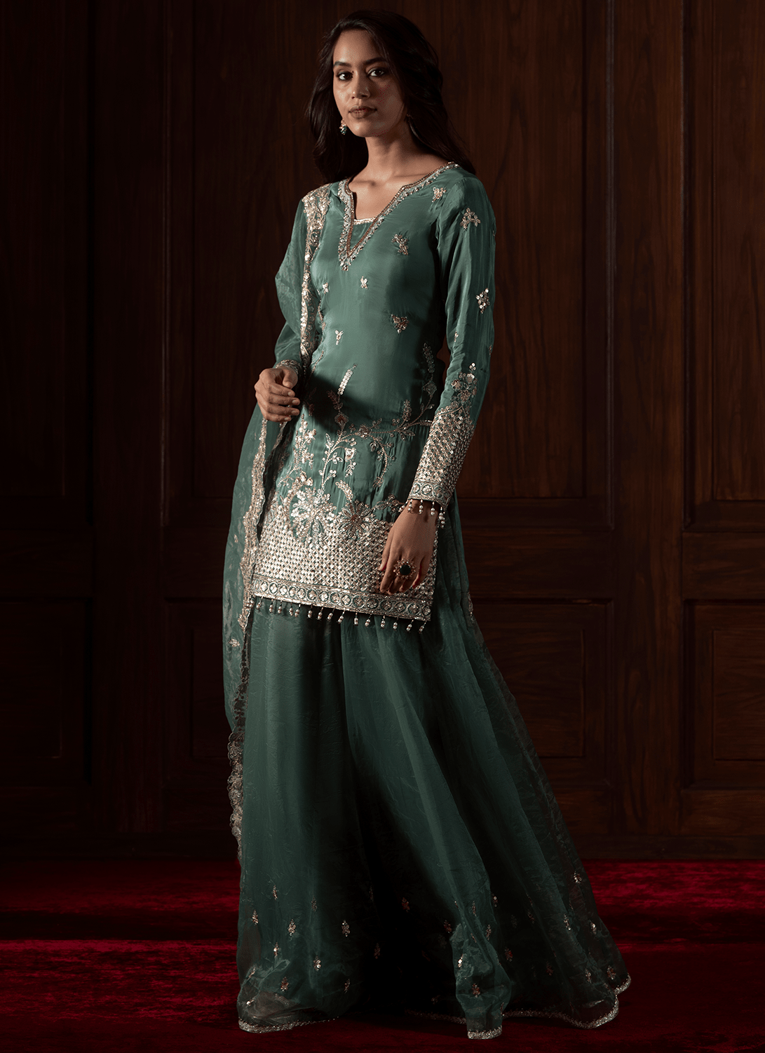 Green Embroidered Silk Sharara - Lashkaraa