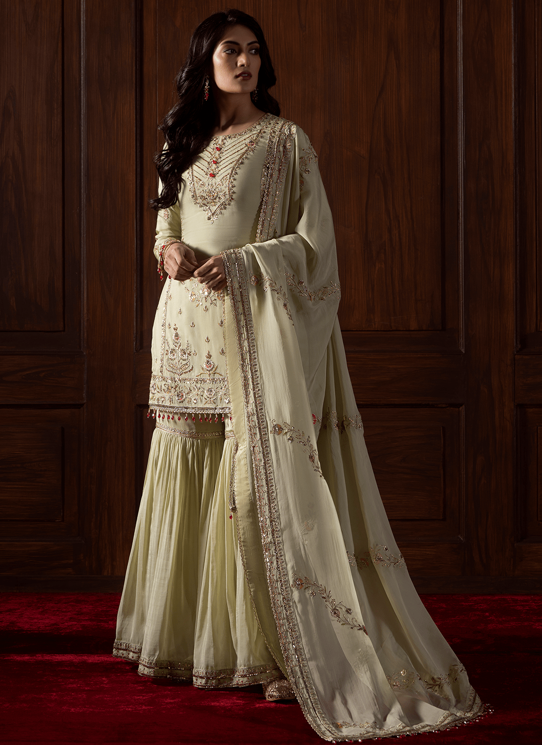 Green Embroidered Viscose Organza Gharara - Lashkaraa