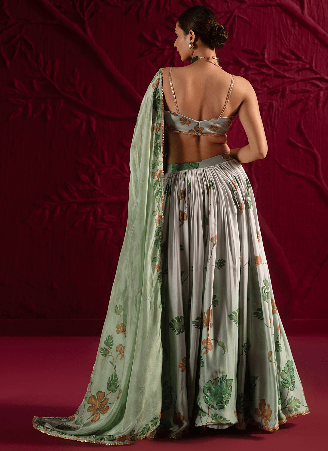Green Floral Embroidered Satin Georgette Lehenga - Lashkaraa