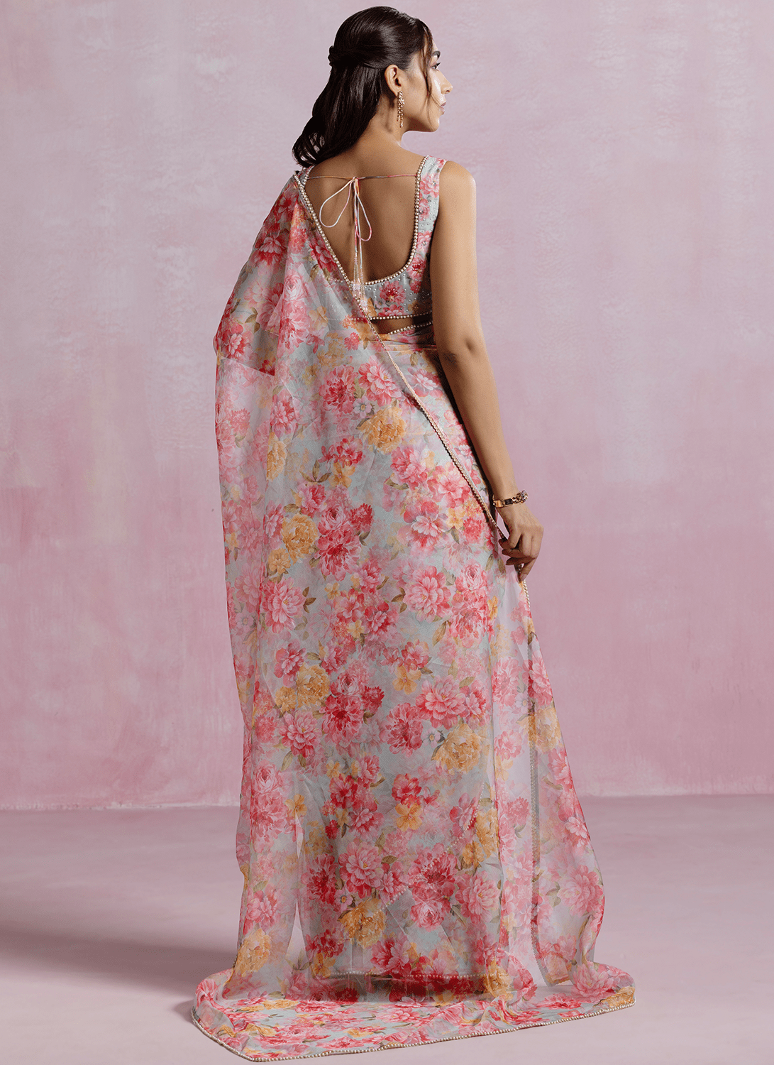 Grey and Peach Floral Printed Organza Saree - Lashkaraa