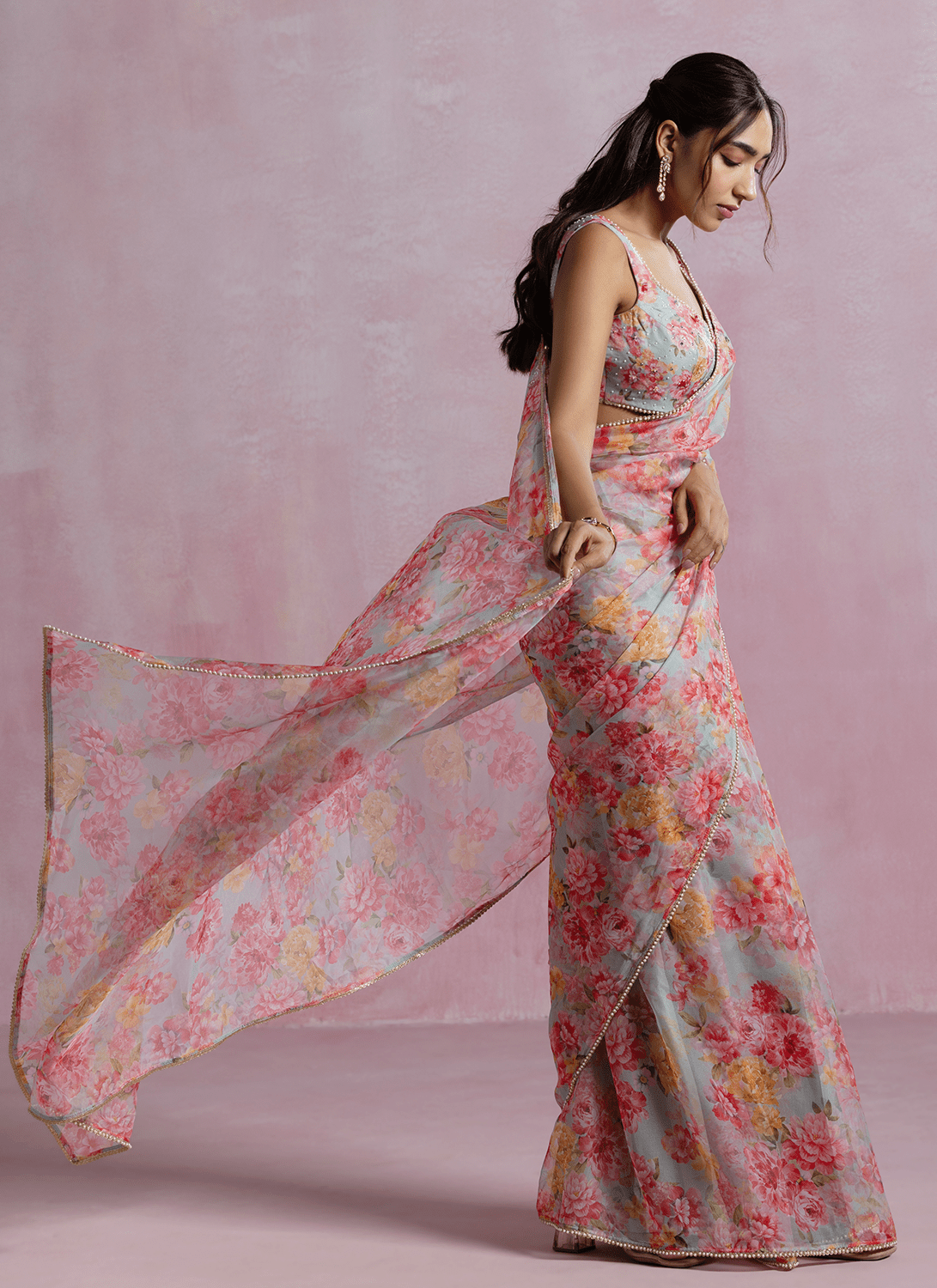 Grey and Peach Floral Printed Organza Saree - Lashkaraa