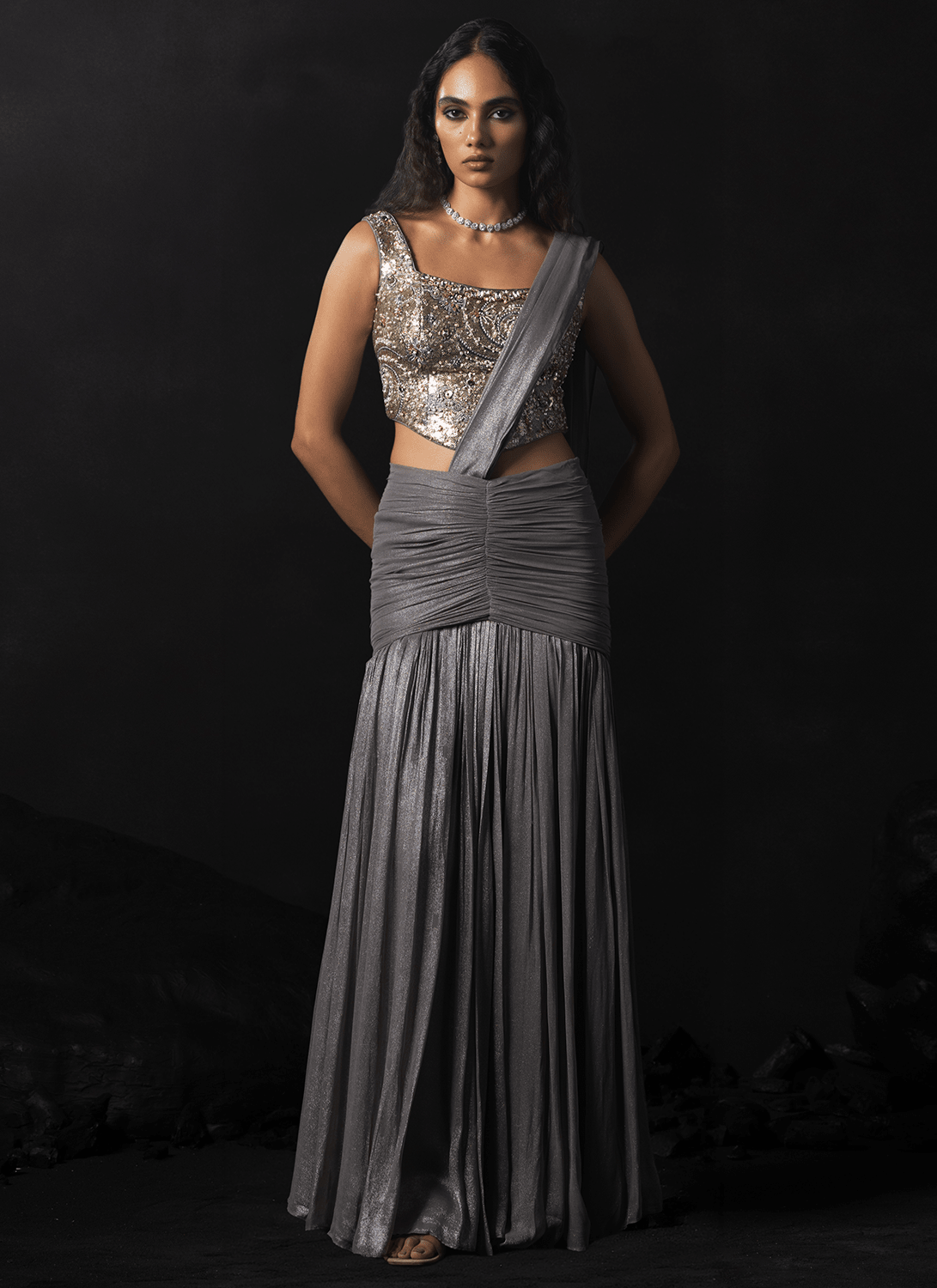 Grey Embroidered Net Saree - Lashkaraa