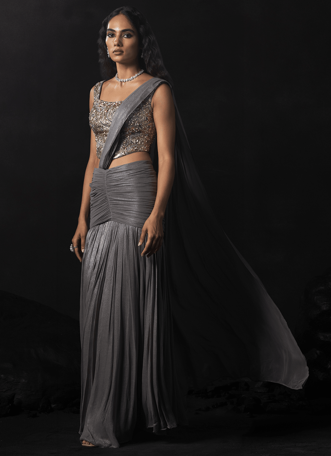 Grey Embroidered Net Saree - Lashkaraa