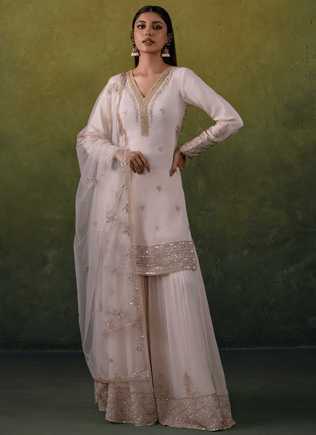Ivory Embroidered Pure Organza Sharara Suit - Lashkaraa