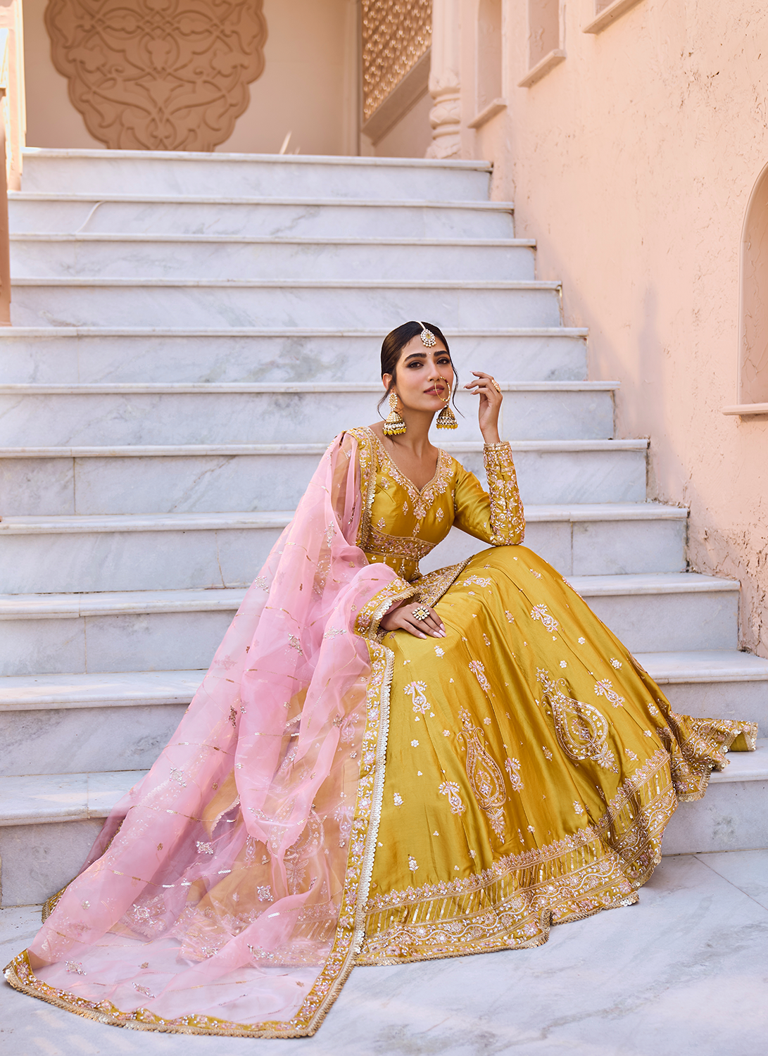 Yellow Embroidered Peplum Style Lehenga