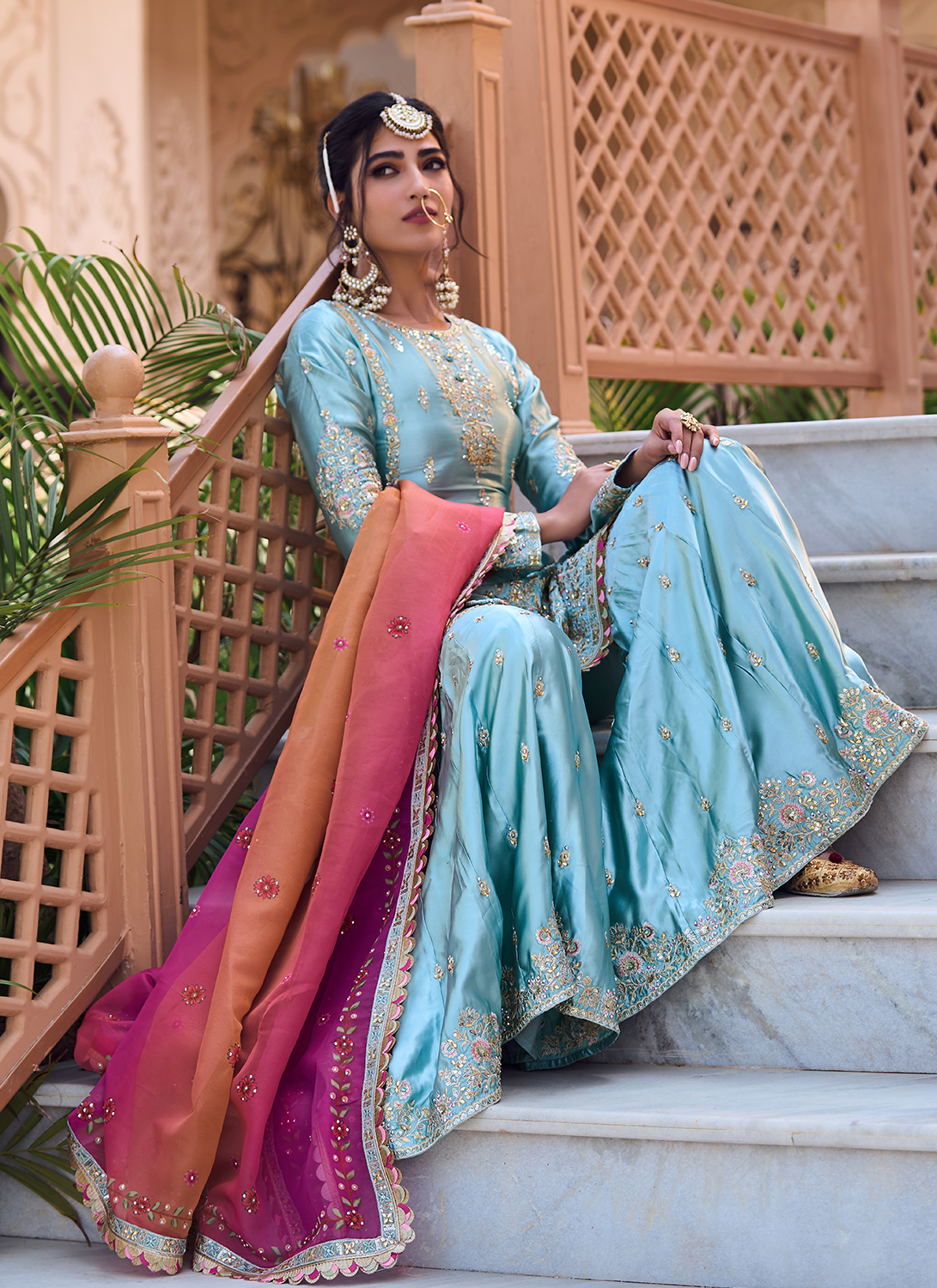 Dusty Mint Embroidered Gharara Suit - Lashkaraa
