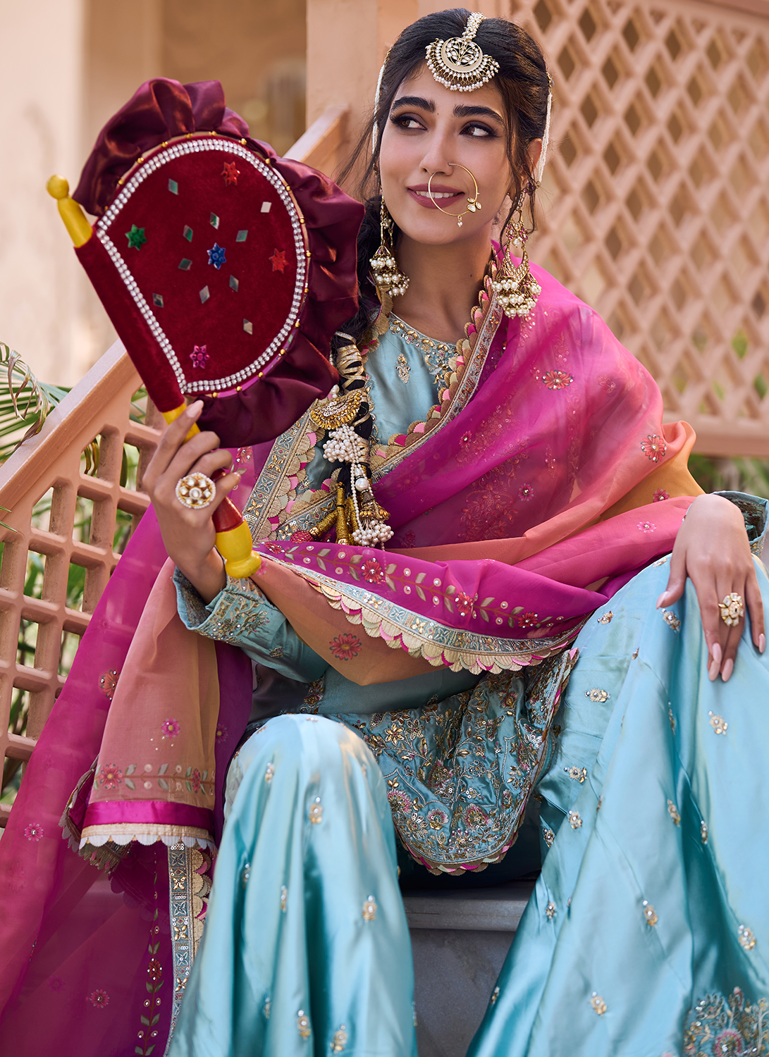 Dusty Mint Embroidered Gharara Suit - Lashkaraa