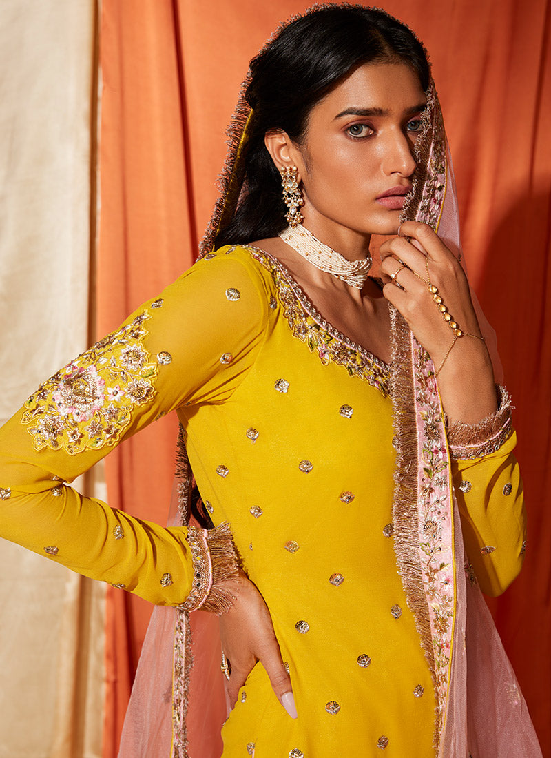 Mustard and Light Pink Georgette Gharara Suit