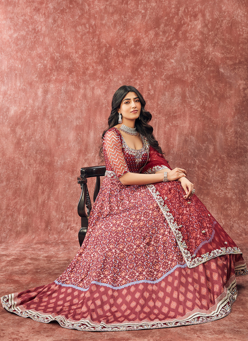 Deep Maroon Printed Satin Anarkali