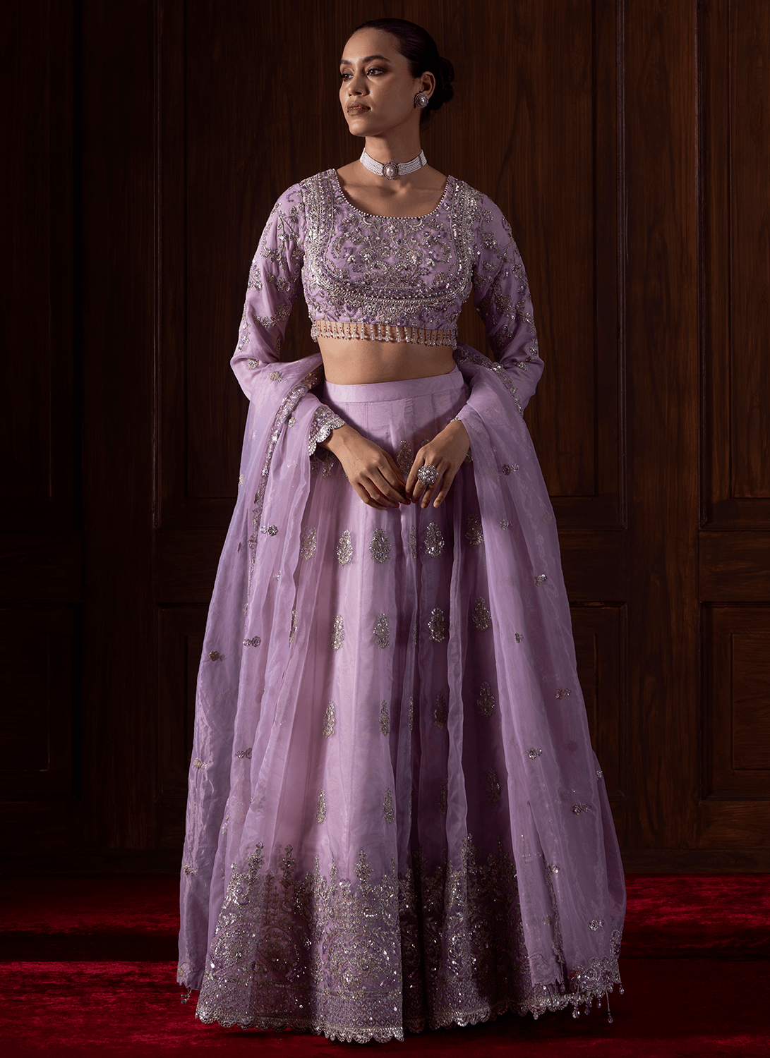 Lavender Embroidered Organza Lehenga - Lashkaraa