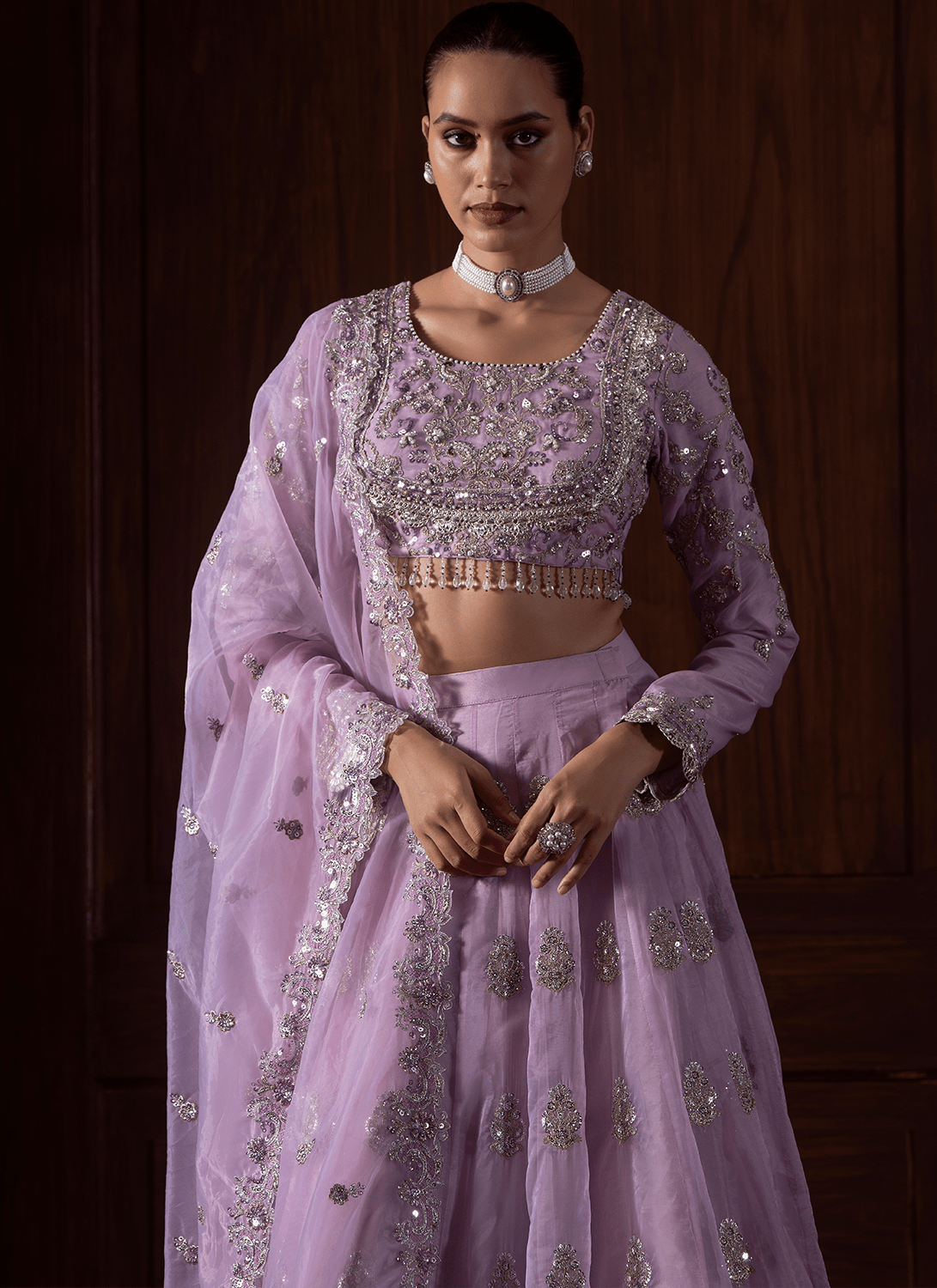Lavender Embroidered Organza Lehenga - Lashkaraa