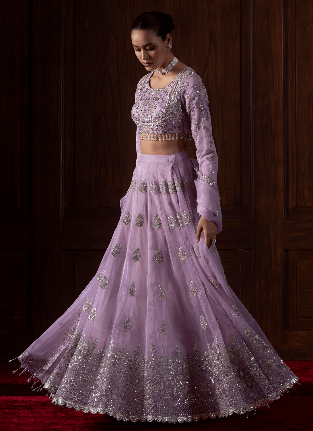 Lavender Embroidered Organza Lehenga - Lashkaraa