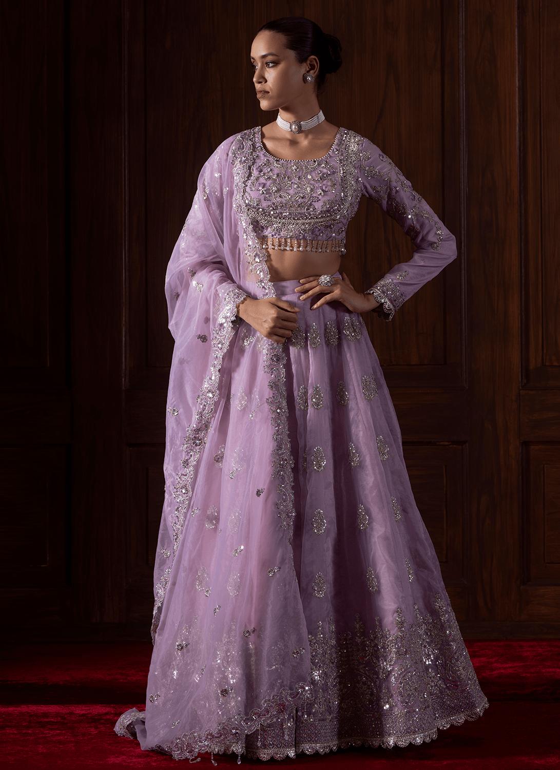 Lavender Embroidered Organza Lehenga - Lashkaraa