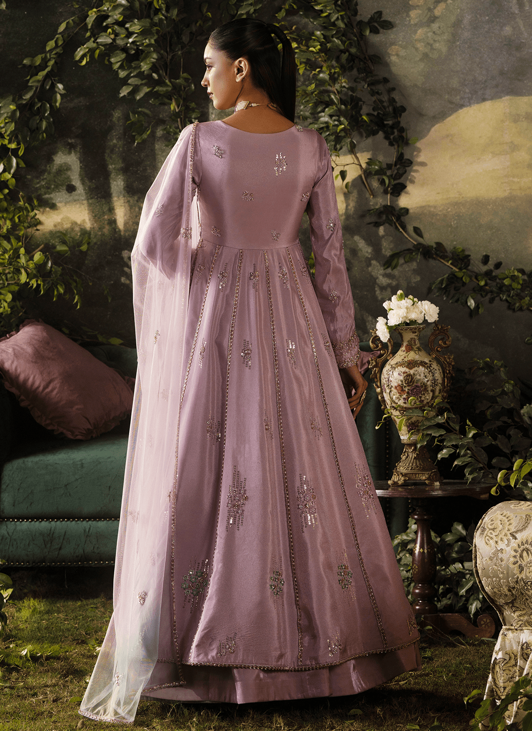Lavender Embroidered Tissue Anarkali - Lashkaraa