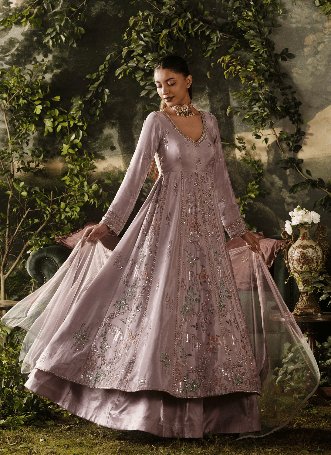 Lavender Embroidered Tissue Anarkali - Lashkaraa