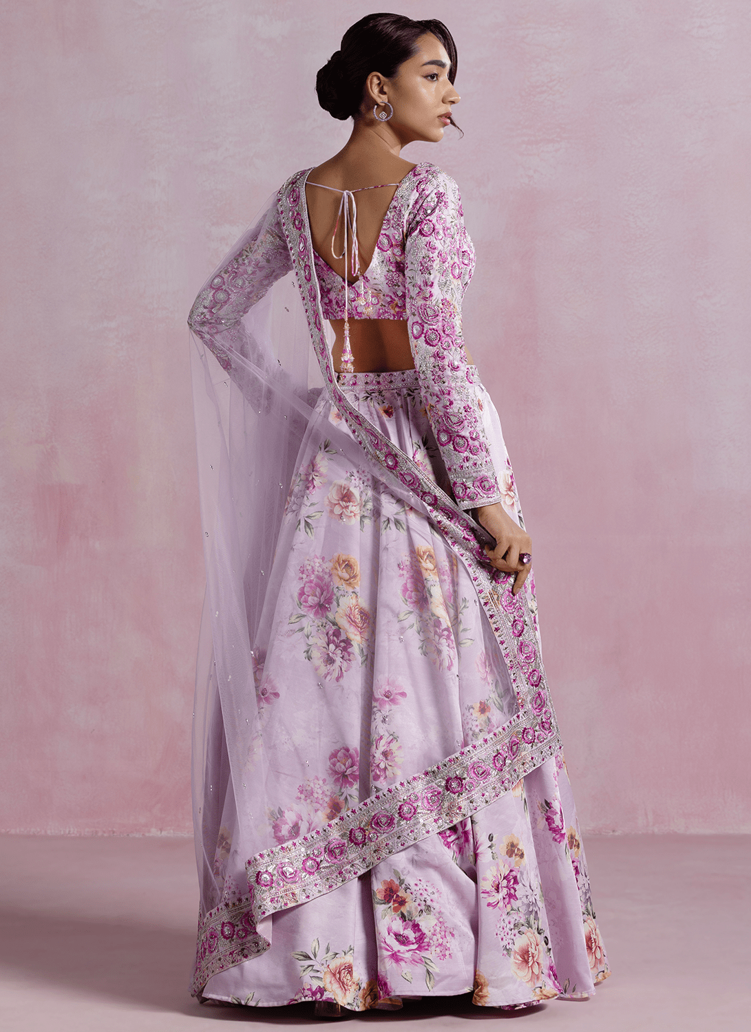 Lavender Floral Printed Modal Satin Lehenga - Lashkaraa