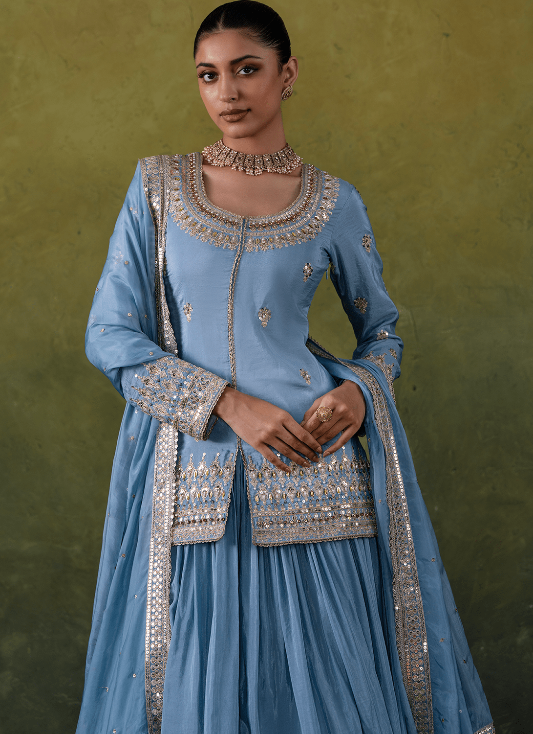 Light Blue Embroidered Crepe Kurti Style Lehenga - Lashkaraa