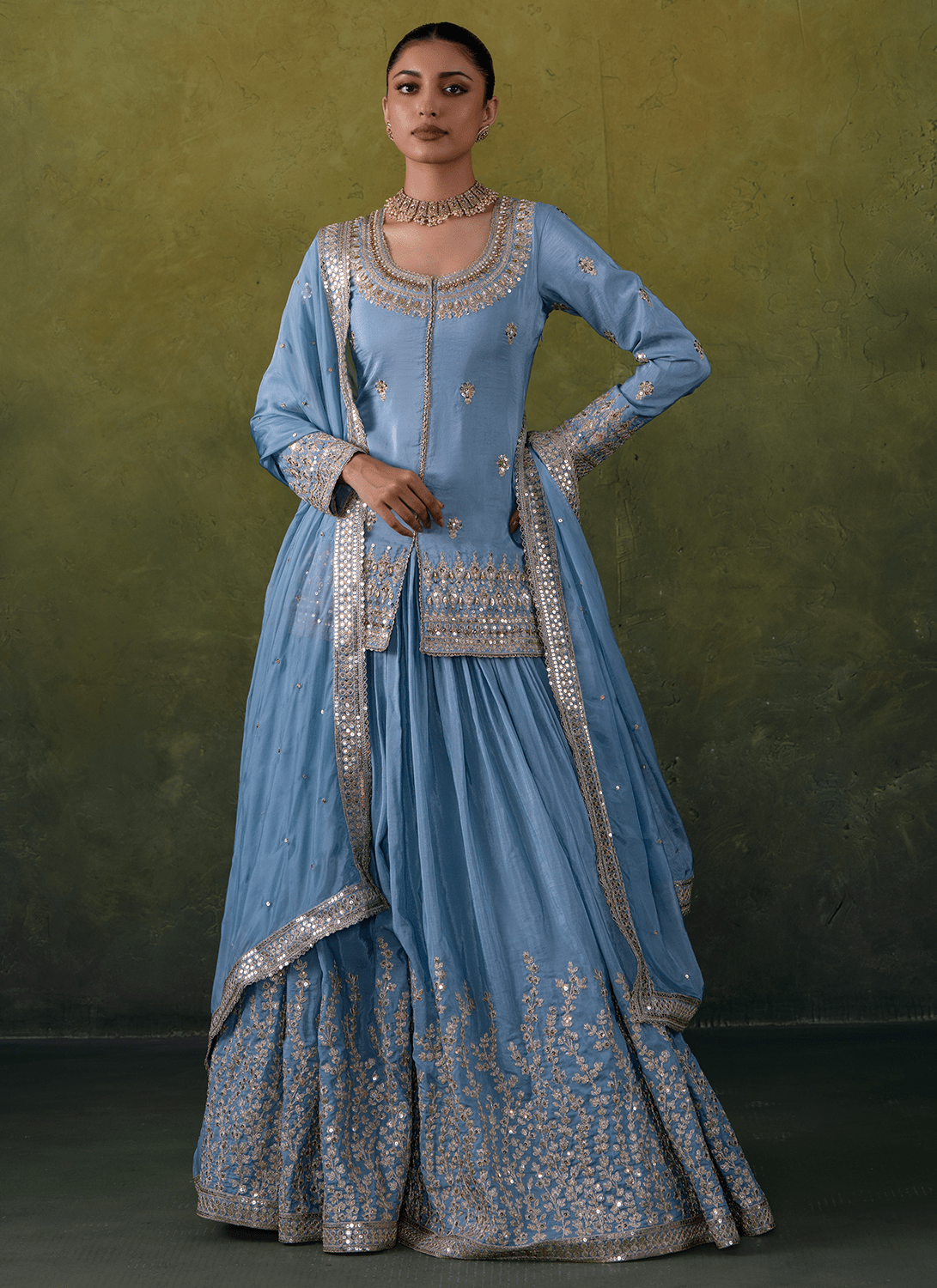 Light Blue Embroidered Crepe Kurti Style Lehenga - Lashkaraa