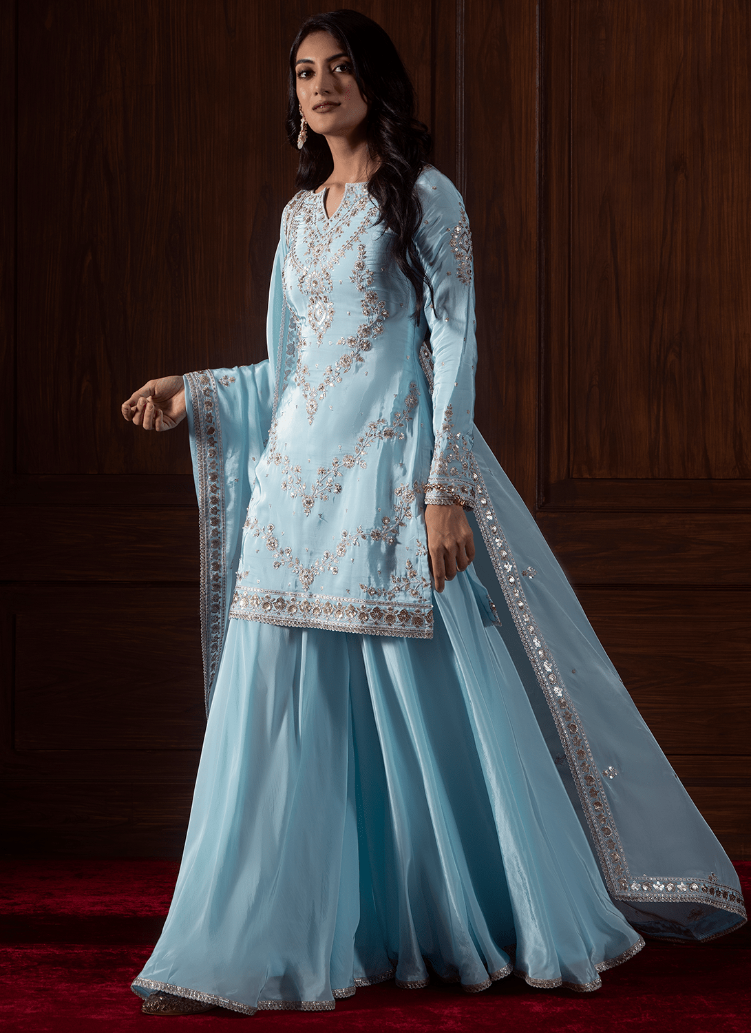 Light Blue Embroidered Crepe Sharara - Lashkaraa