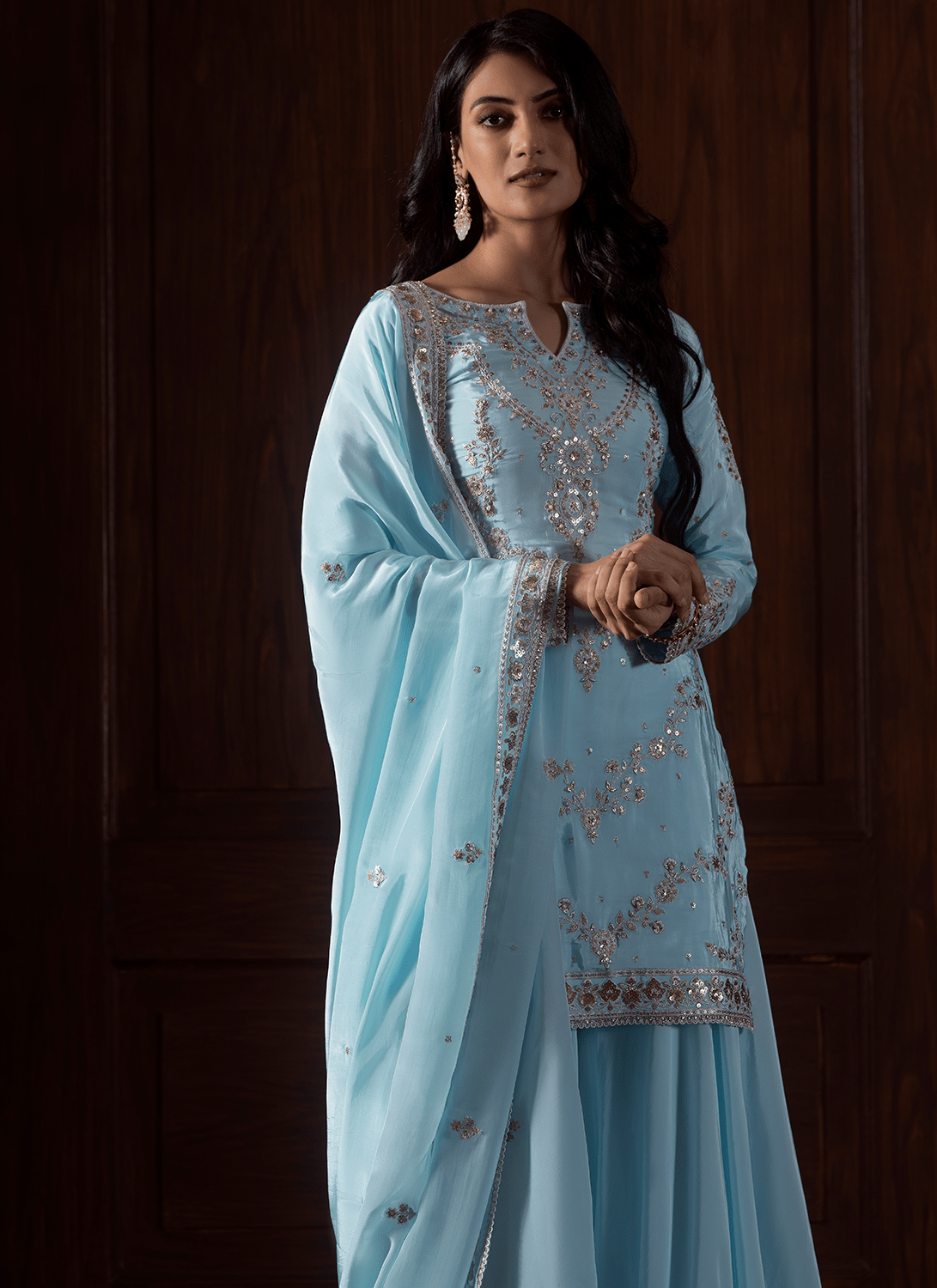 Light Blue Embroidered Crepe Sharara - Lashkaraa