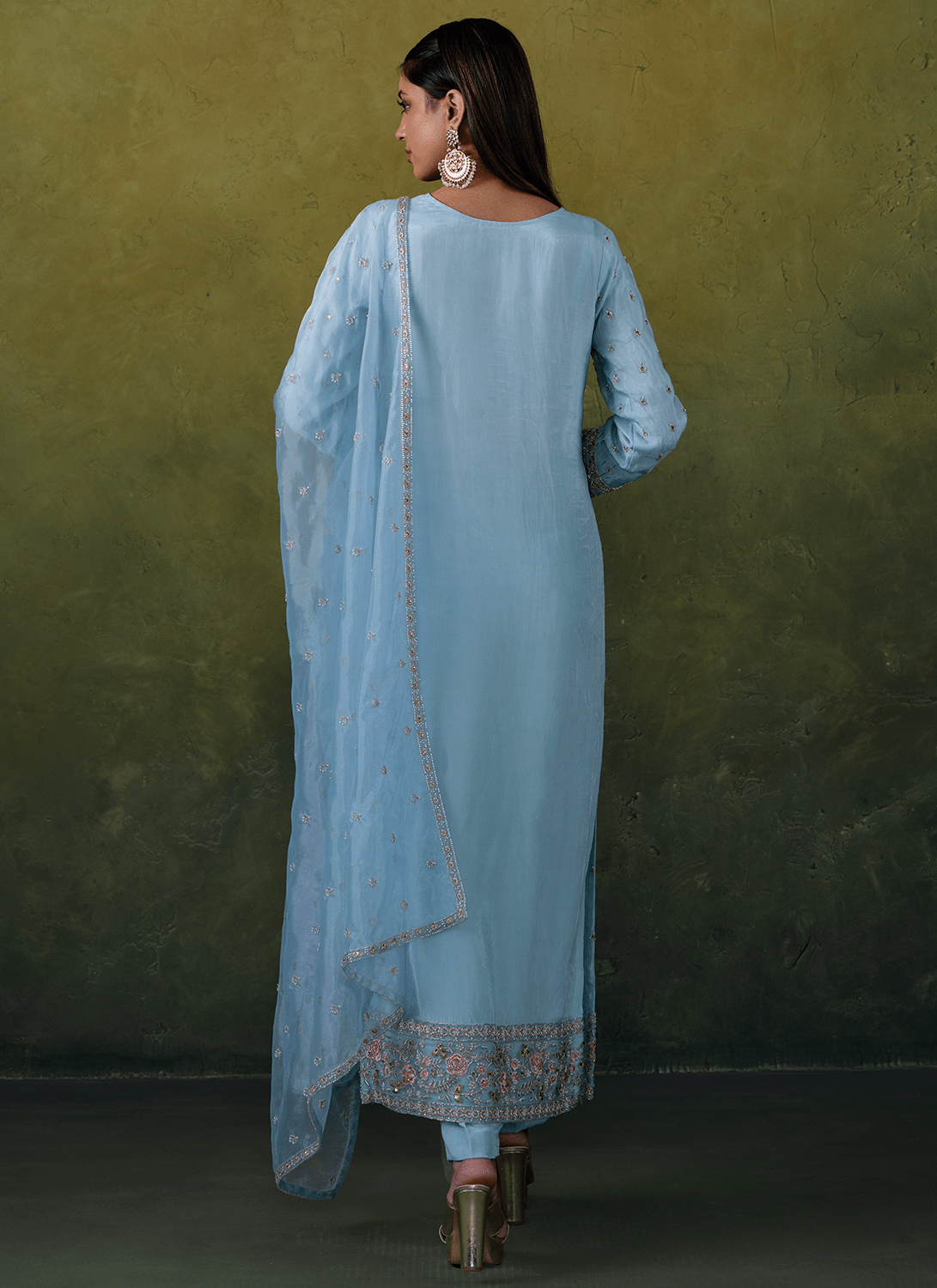 Light Blue Embroidered Organza Straight Suit - Lashkaraa