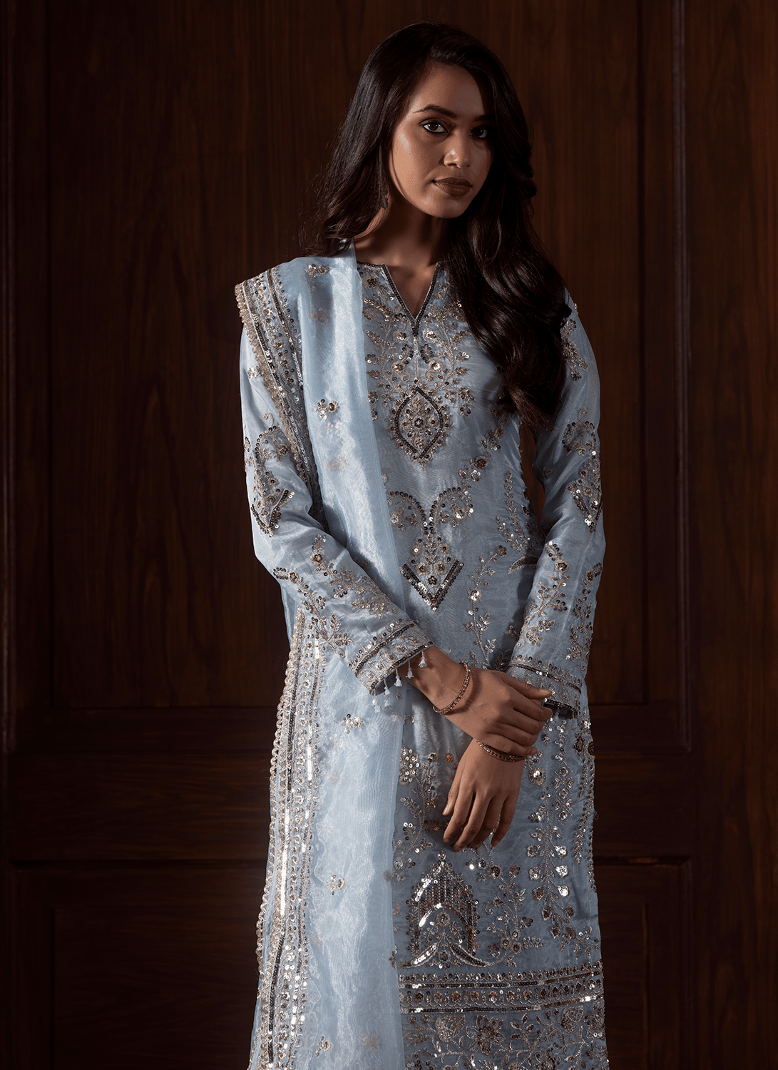 Light Blue Embroidered Silk Palazzo Suit - Lashkaraa