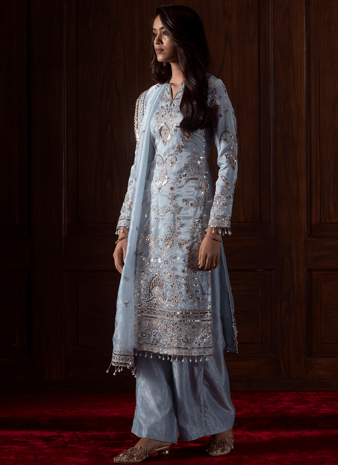 Light Blue Embroidered Silk Palazzo Suit - Lashkaraa