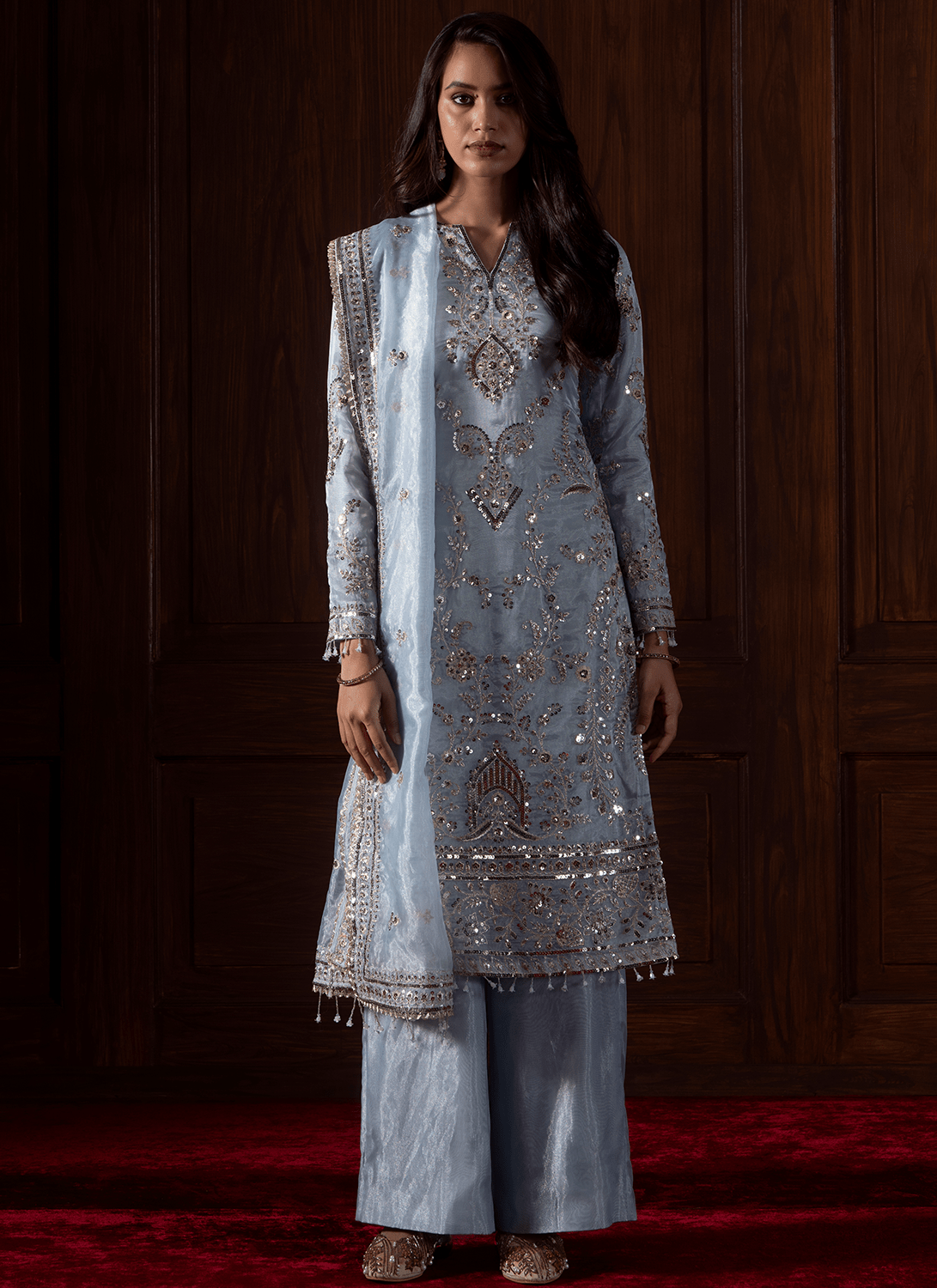Light Blue Embroidered Silk Palazzo Suit - Lashkaraa