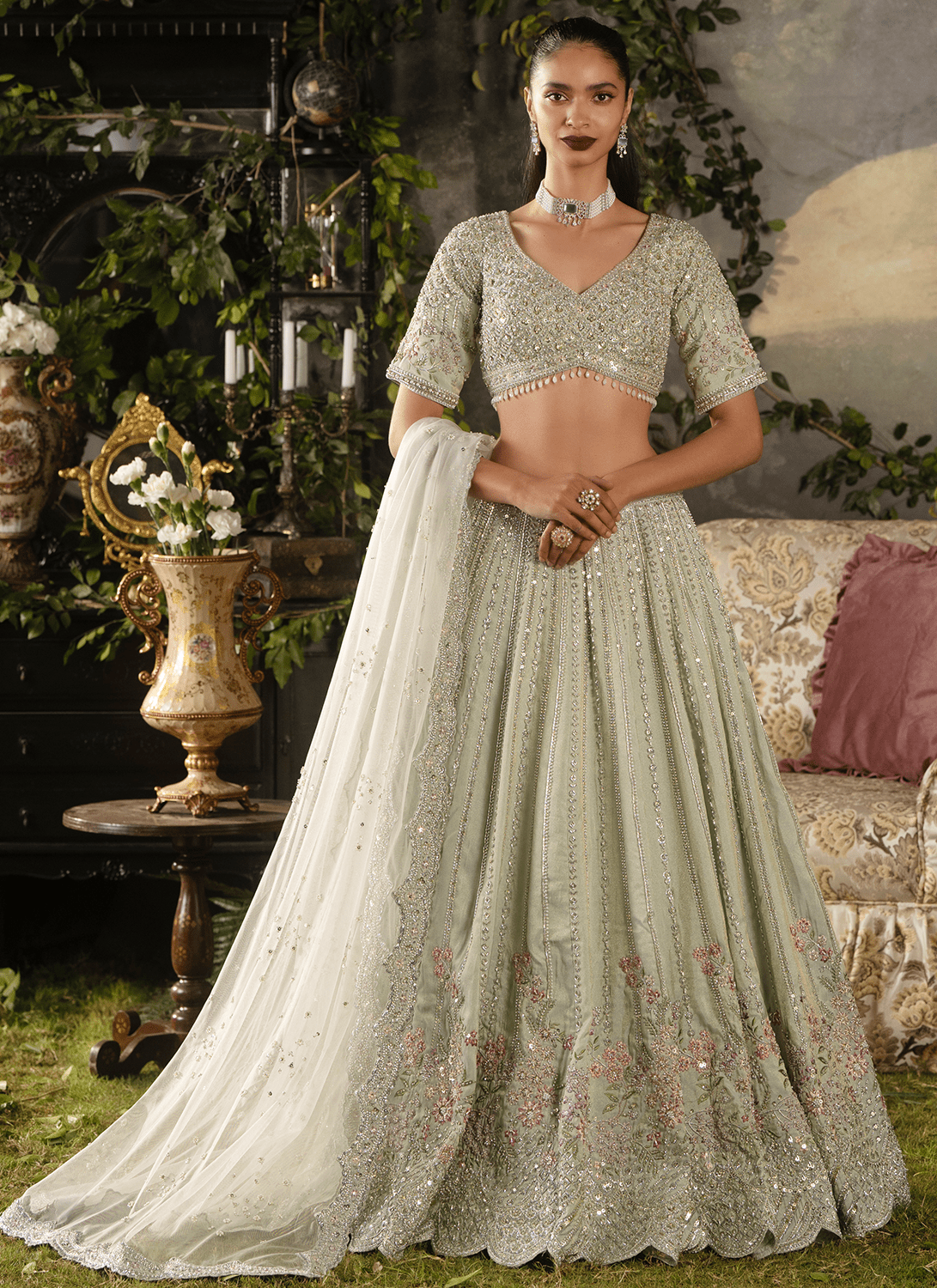 Light Dusty Green Embroidered Tissue Lehenga - Lashkaraa