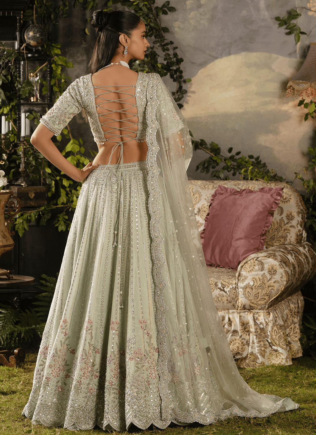 Light Dusty Green Embroidered Tissue Lehenga - Lashkaraa