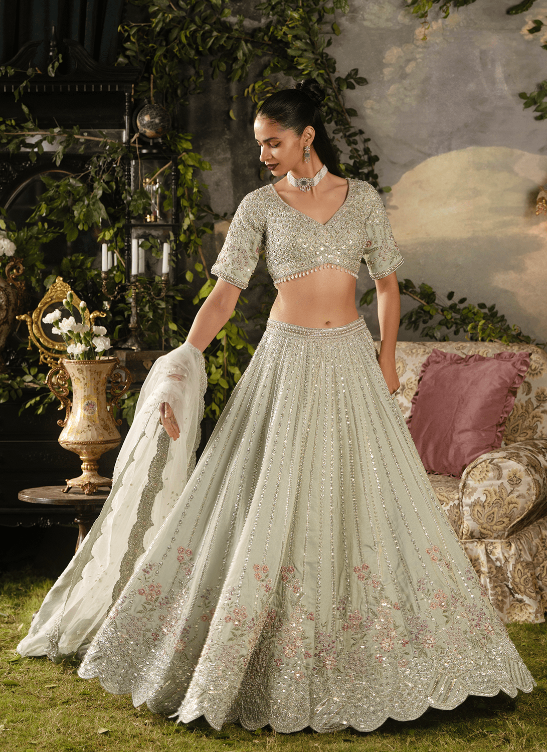 Light Dusty Green Embroidered Tissue Lehenga - Lashkaraa