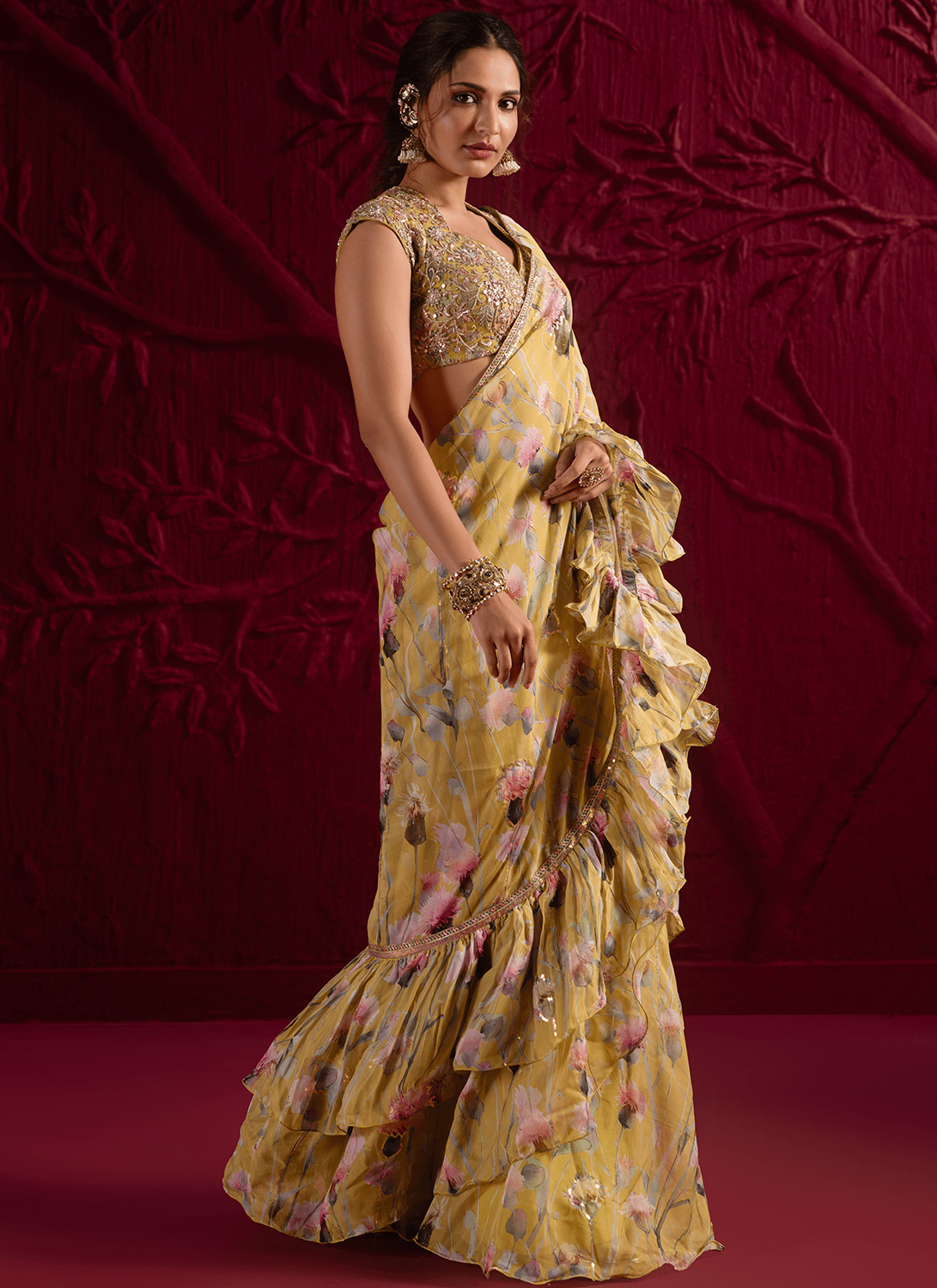 Light Dusty Green Floral Embroidered Organza Saree - Lashkaraa