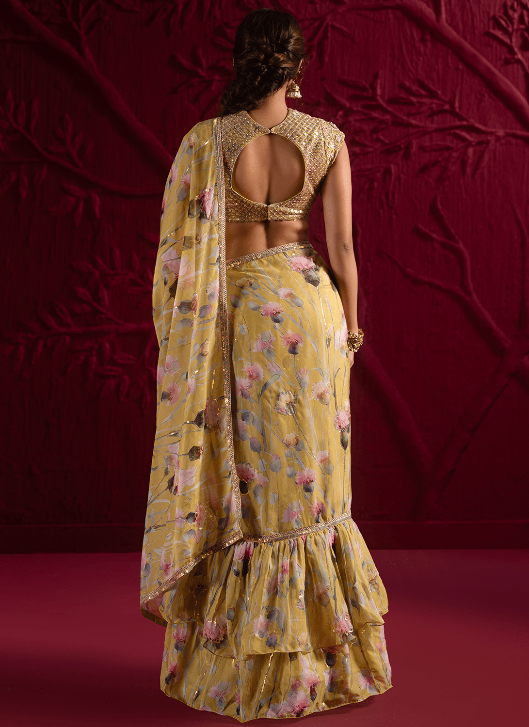 Light Dusty Green Floral Embroidered Organza Saree - Lashkaraa