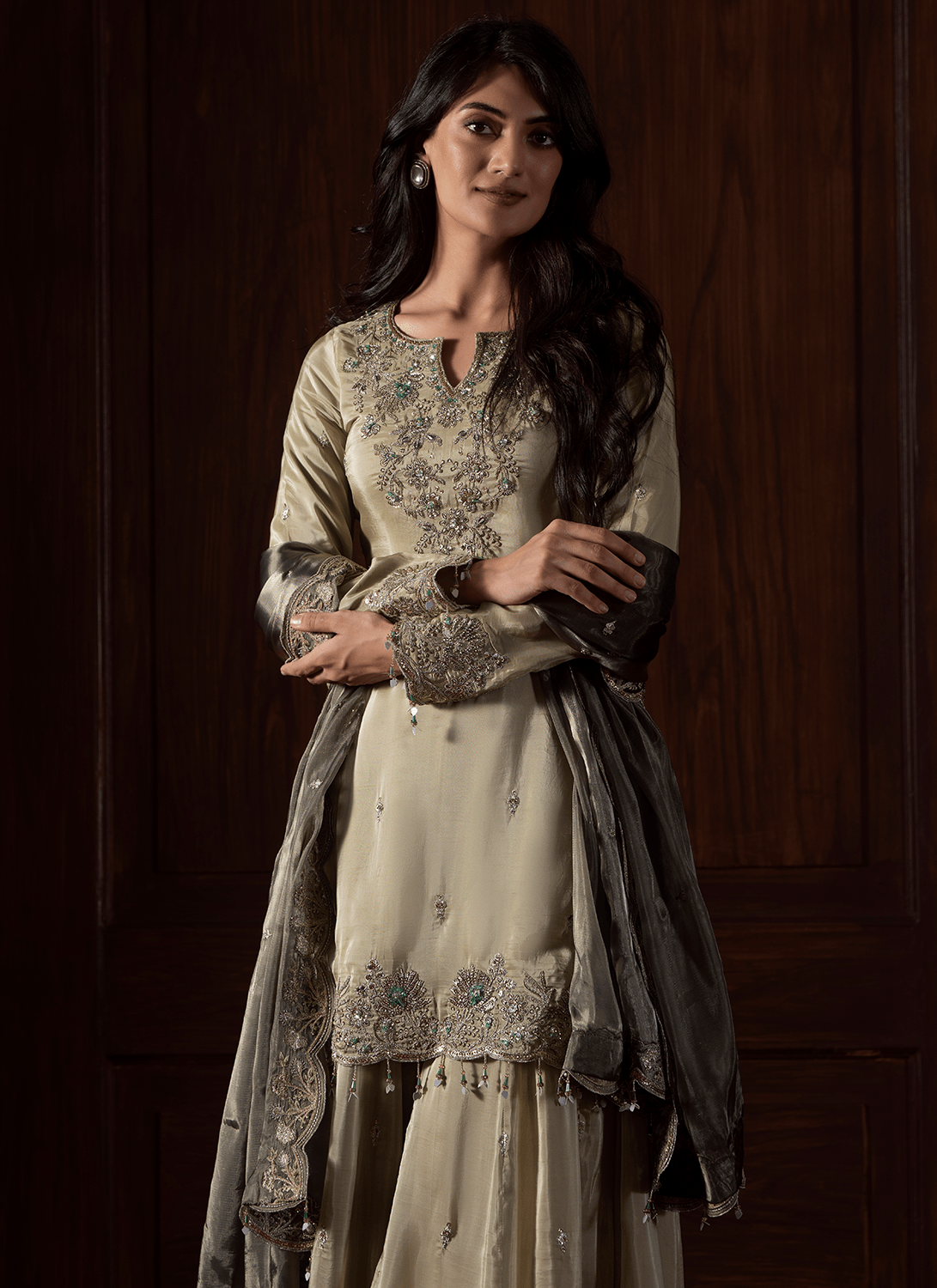 Light Green Embroidered Organza Sharara - Lashkaraa