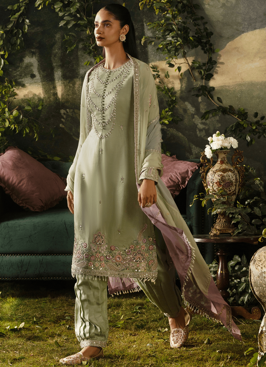 Light Green Embroidered Viscose Silk Salwar Suit - Lashkaraa