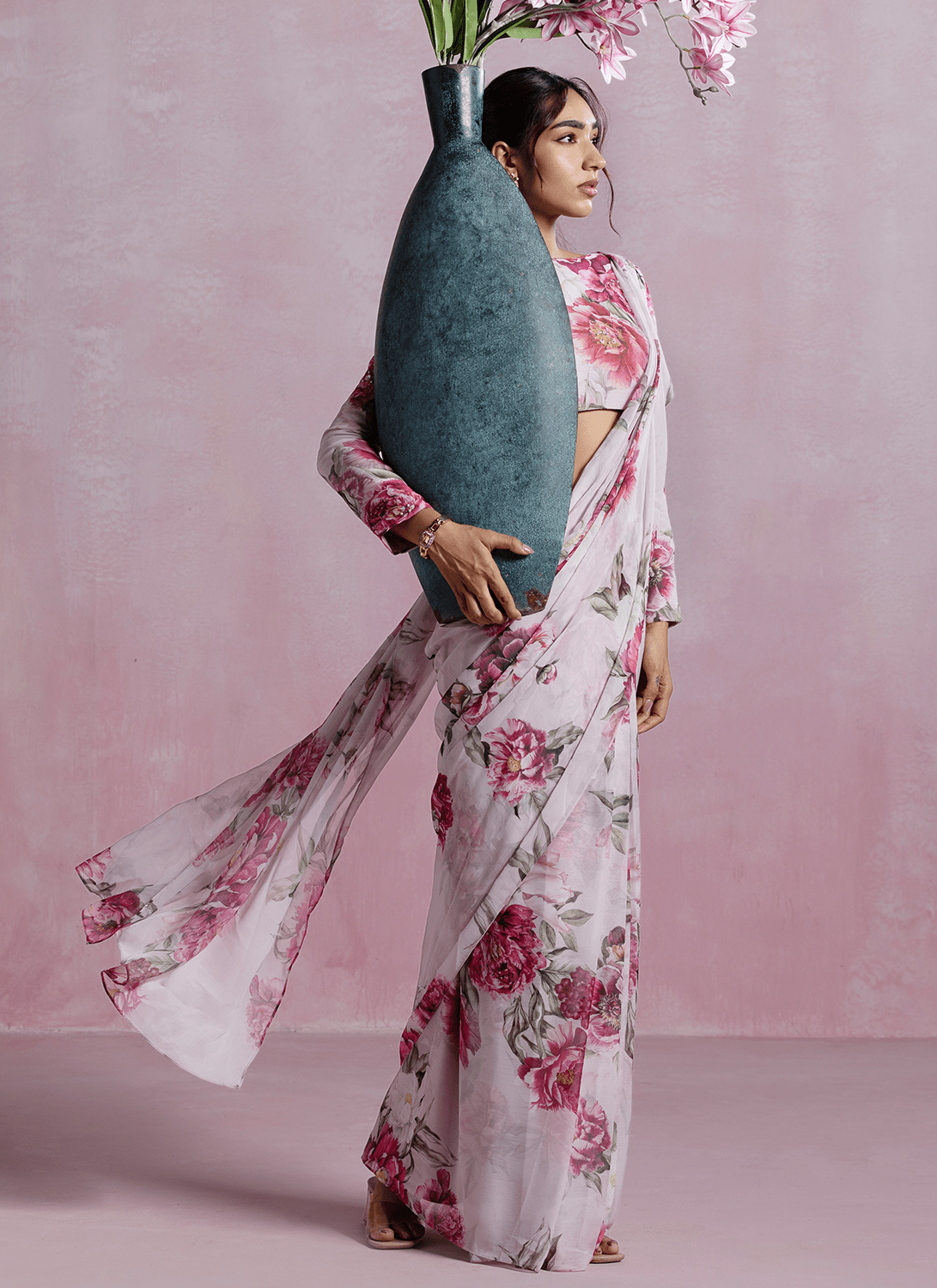 Light Pink Floral Printed Chiffon Saree - Lashkaraa