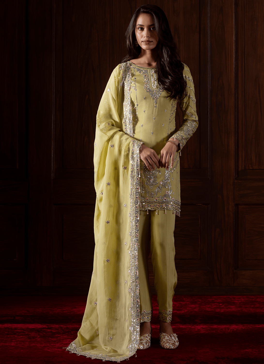 Lime Green Embroidered Viscose Organza Pant Suit - Lashkaraa