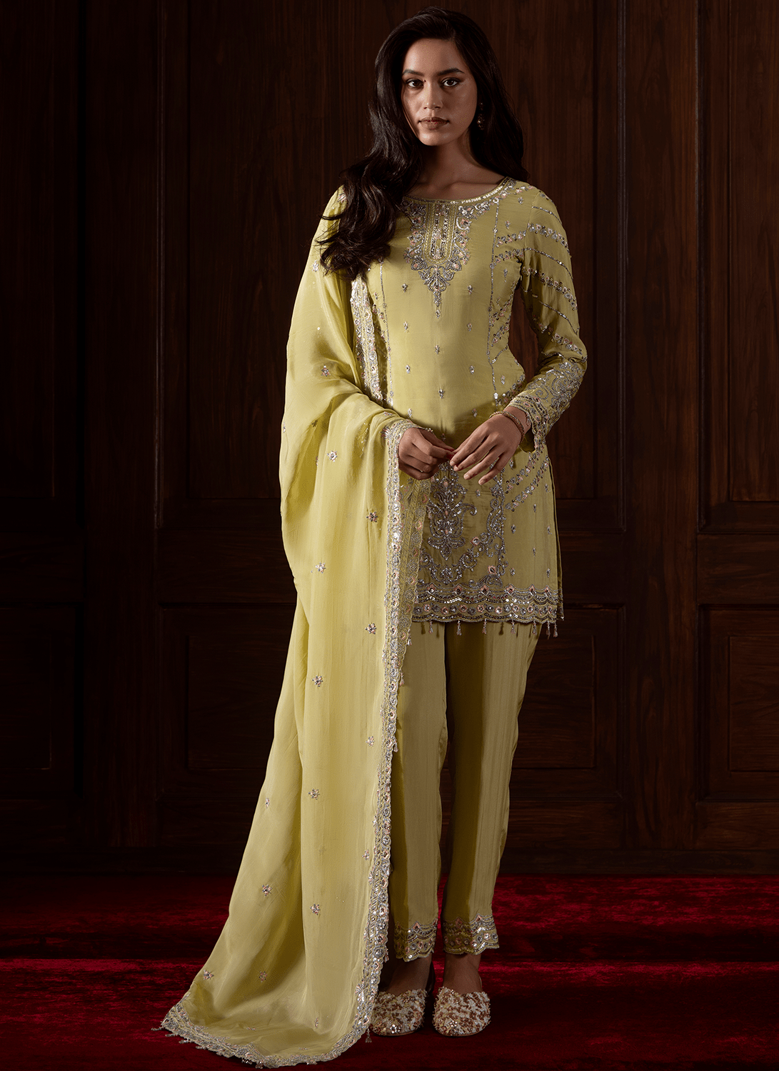 Lime Green Embroidered Viscose Organza Pant Suit - Lashkaraa